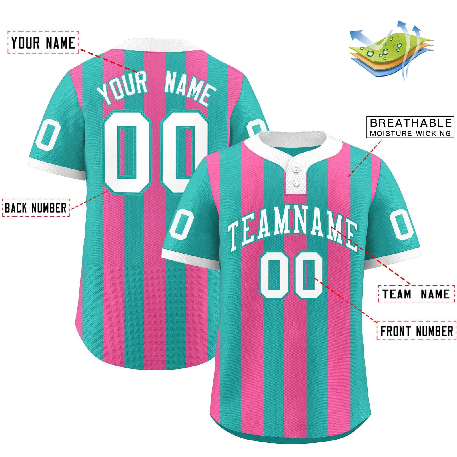 Custom Aqua Pink Stripe Fashion Authentic Two-Button Softball Jersey