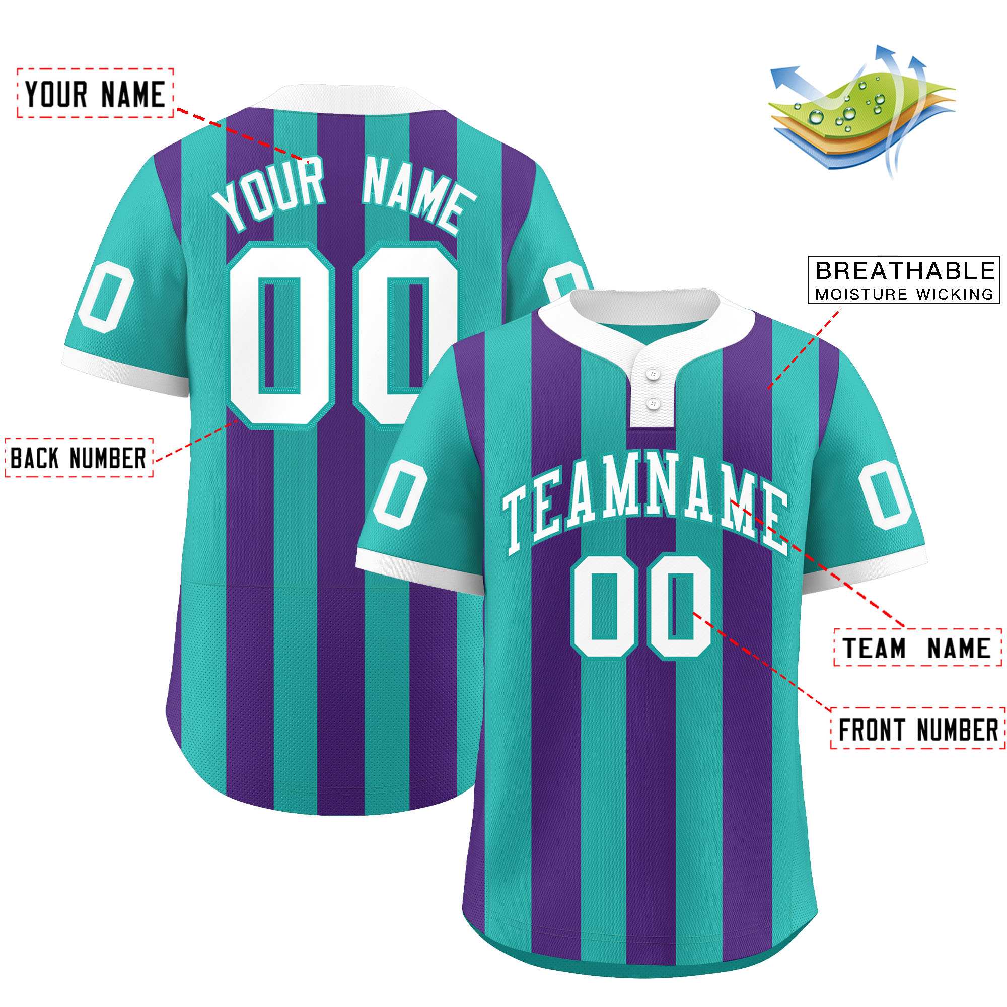 Custom Aqua Purple Stripe Fashion Authentic Two-Button Softball Jersey