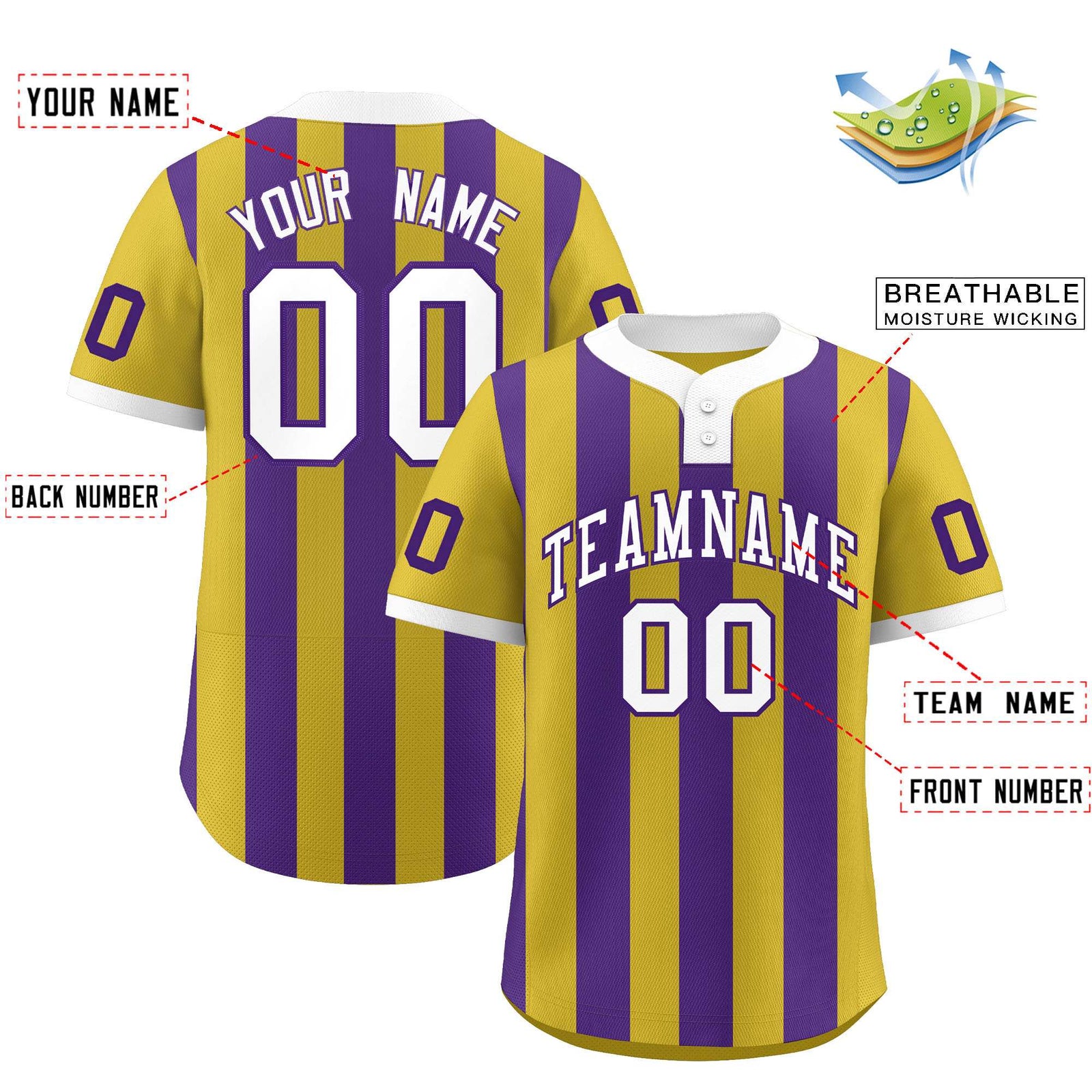 Custom Old Gold Purple Stripe Fashion Authentic Two-Button Softball Jersey