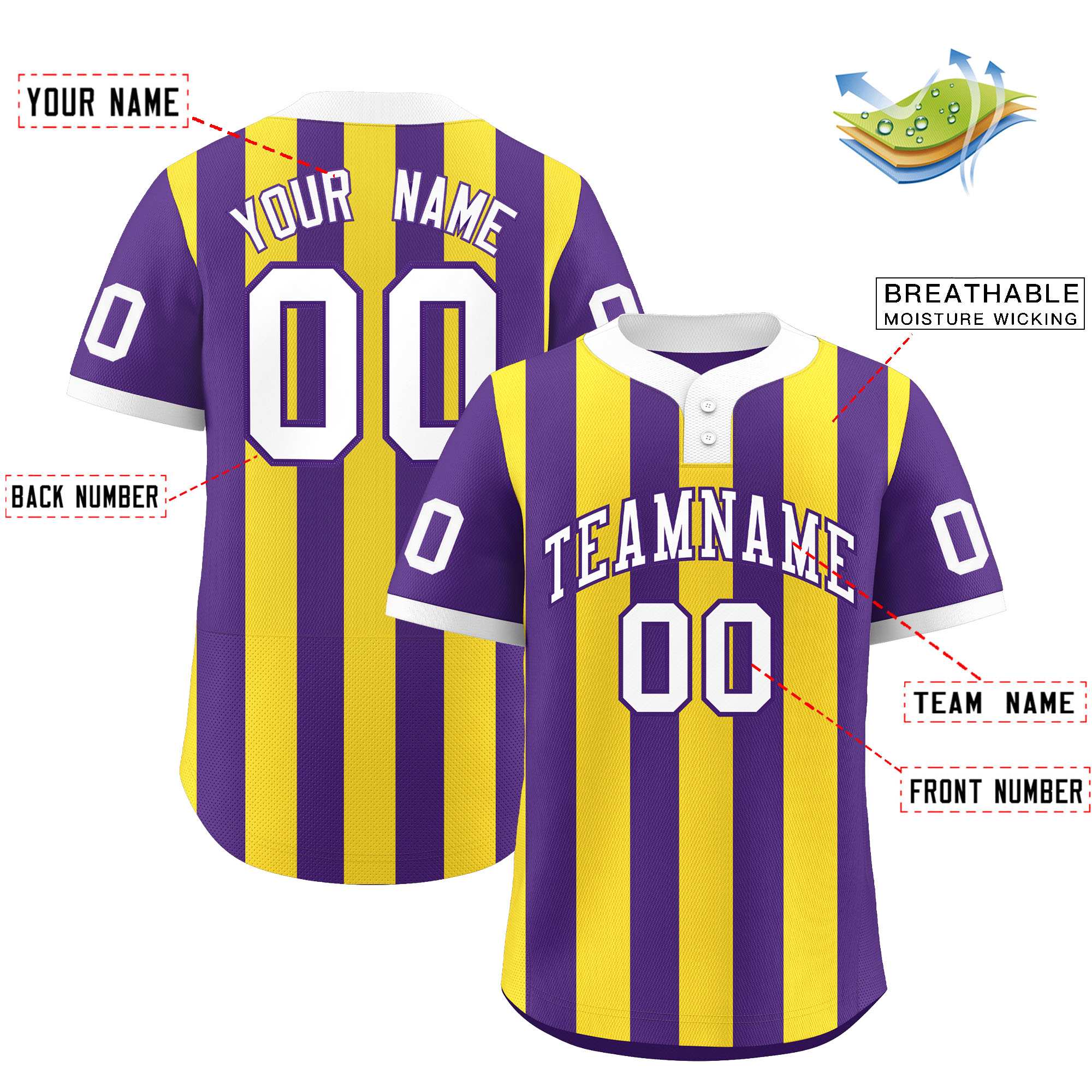 Custom Purple Gold Stripe Fashion Authentic Two-Button Softball Jersey