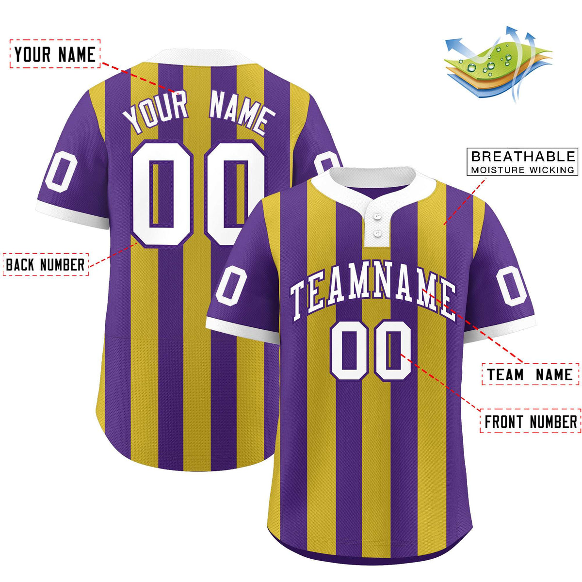 Custom Purple Old Gold Stripe Fashion Authentic Two-Button Softball Jersey