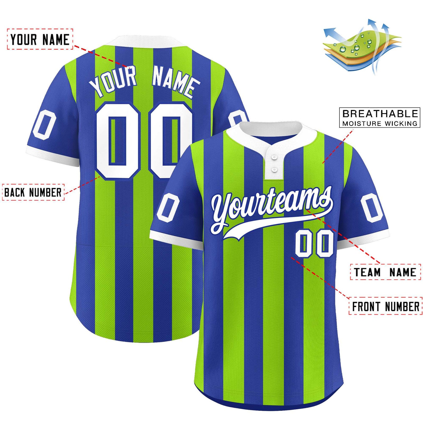 Custom Royal Neon Green Stripe Fashion Authentic Two-Button Softball Jersey