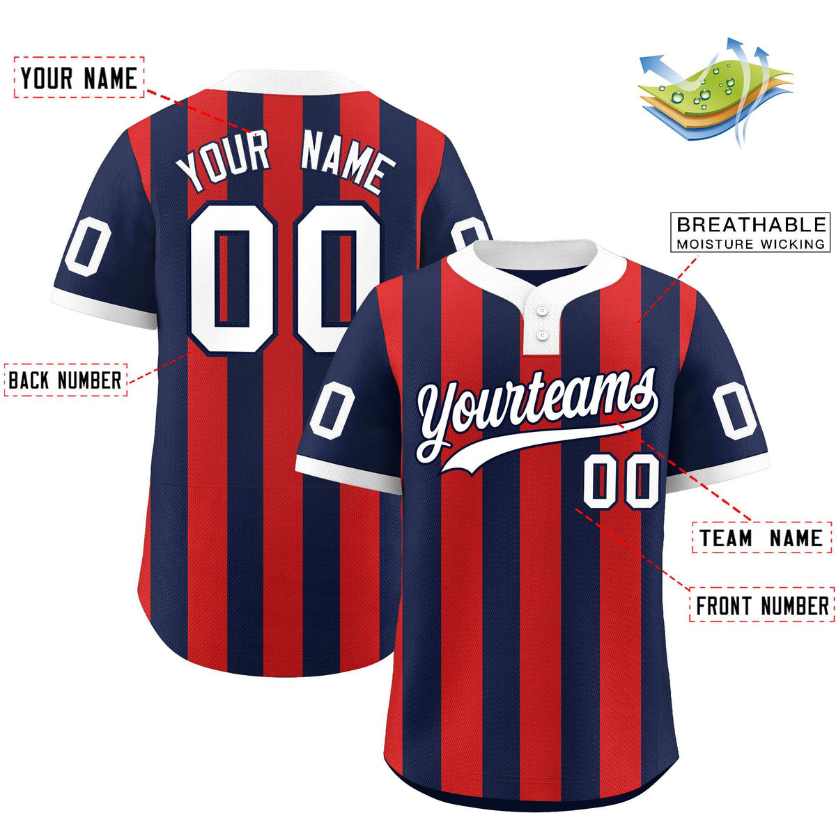 Custom Navy Red Stripe Fashion Authentic Two-Button Softball Jersey