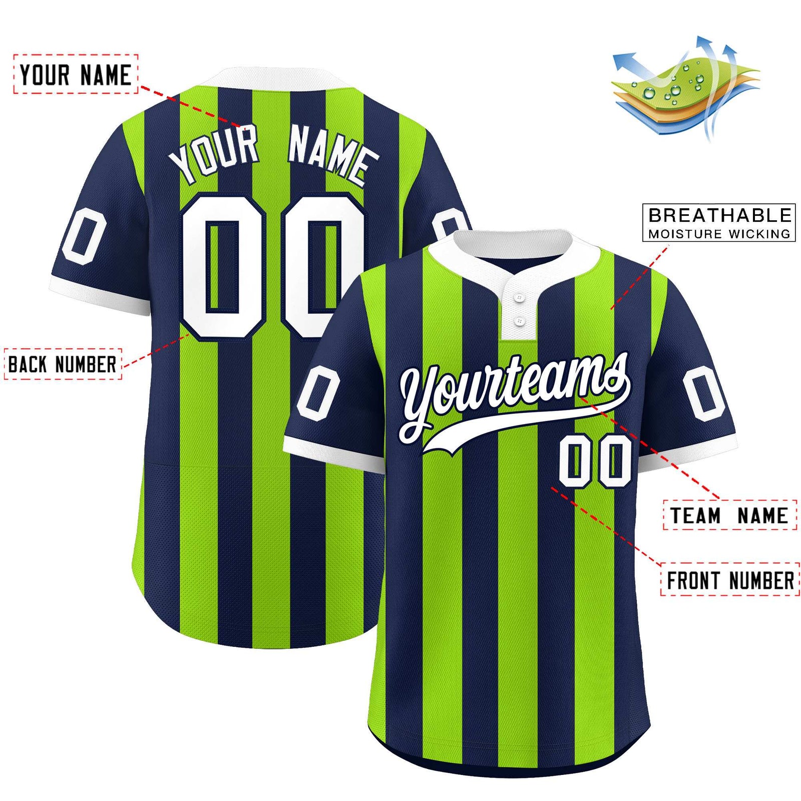 Custom Navy Neon Green Stripe Fashion Authentic Two-Button Softball Jersey