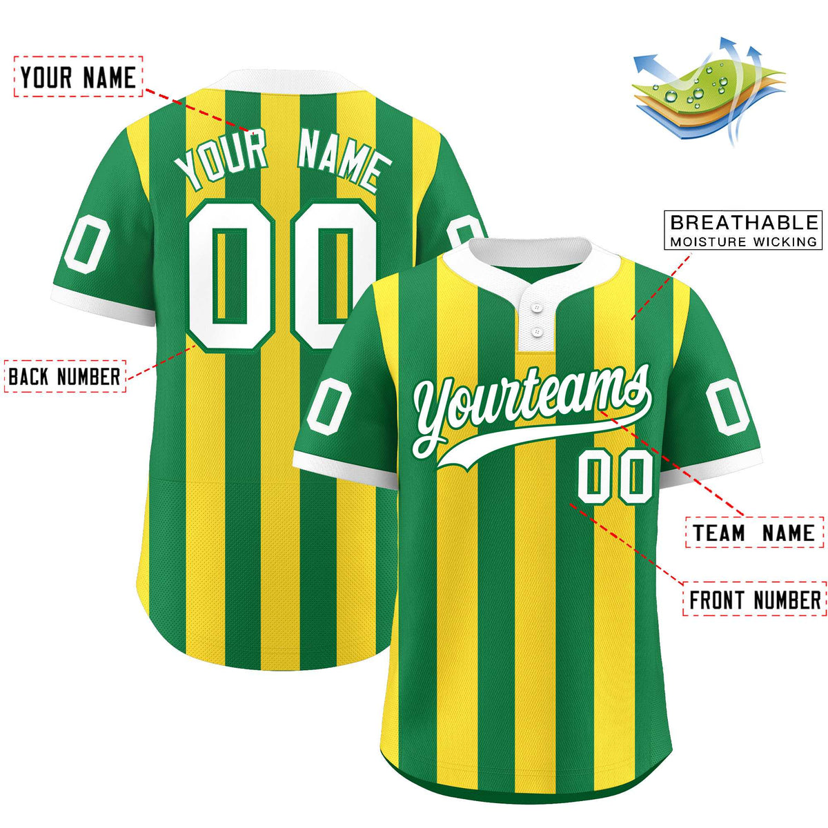 Custom Kelly Green Gold Stripe Fashion Authentic Two-Button Softball Jersey