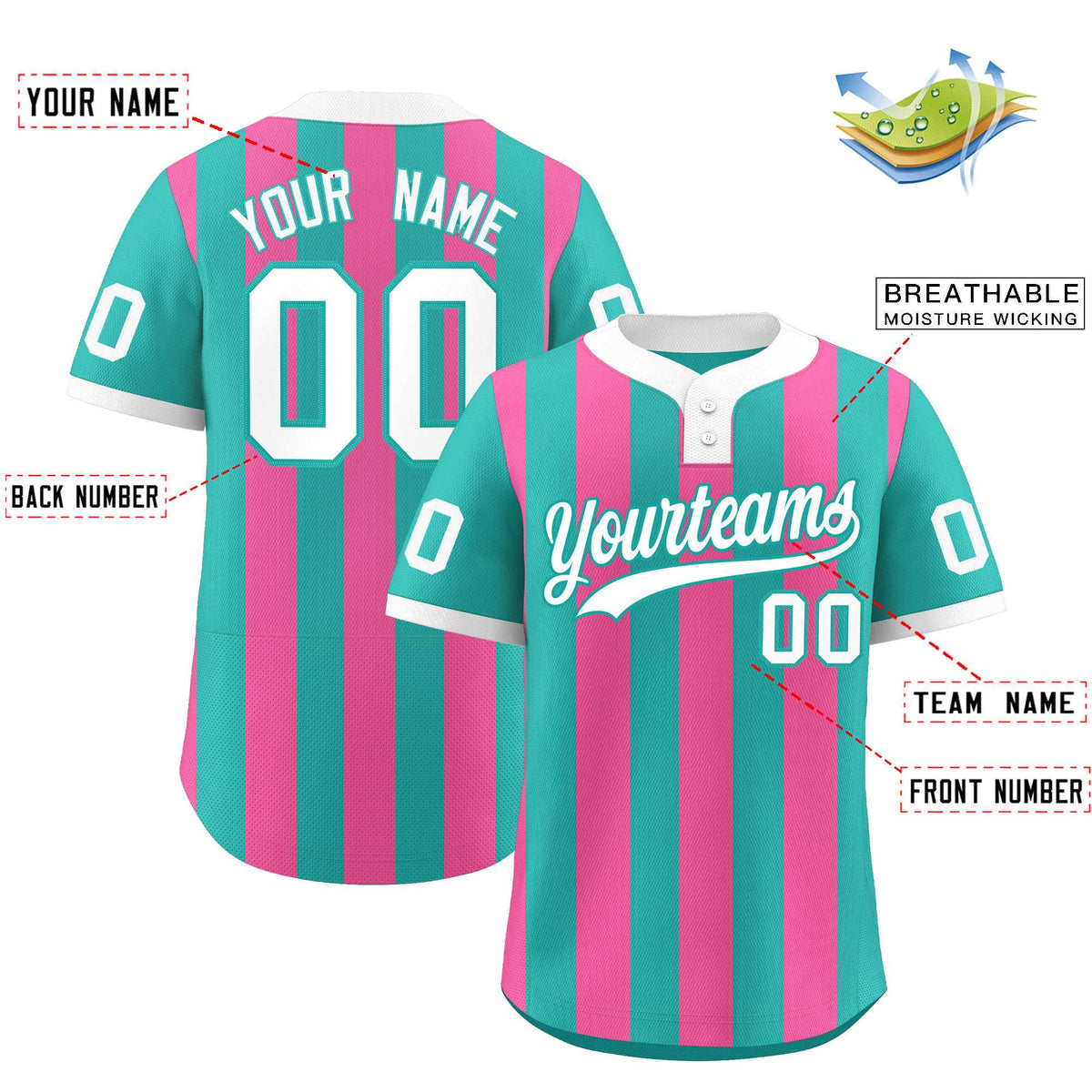 Custom Aqua Pink Stripe Fashion Authentic Two-Button Softball Jersey