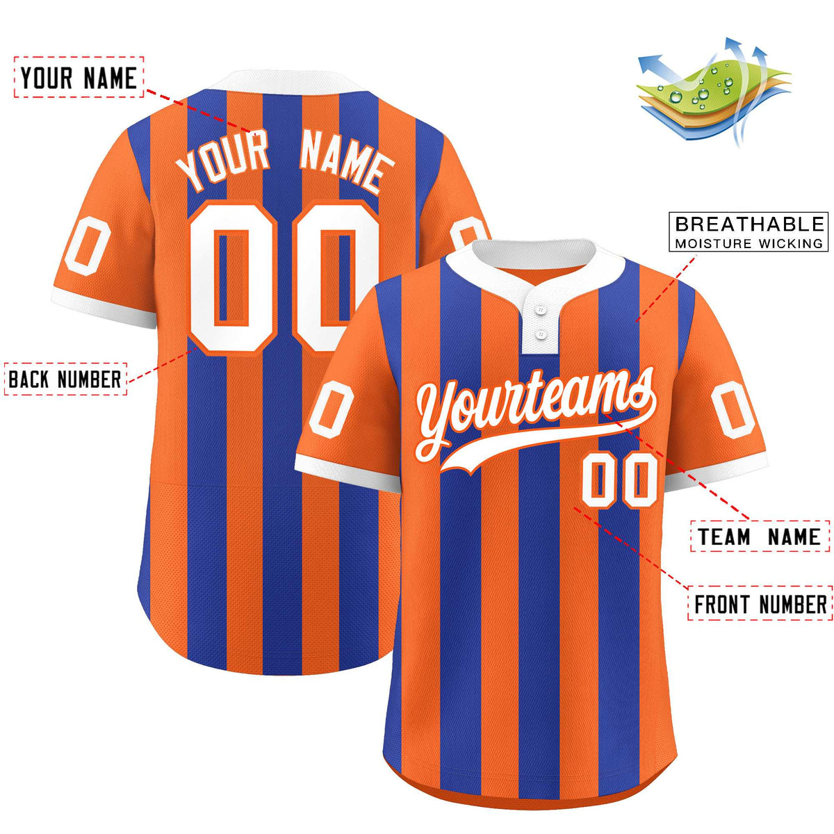 Custom Orange Royal Stripe Fashion Authentic Two-Button Softball Jersey
