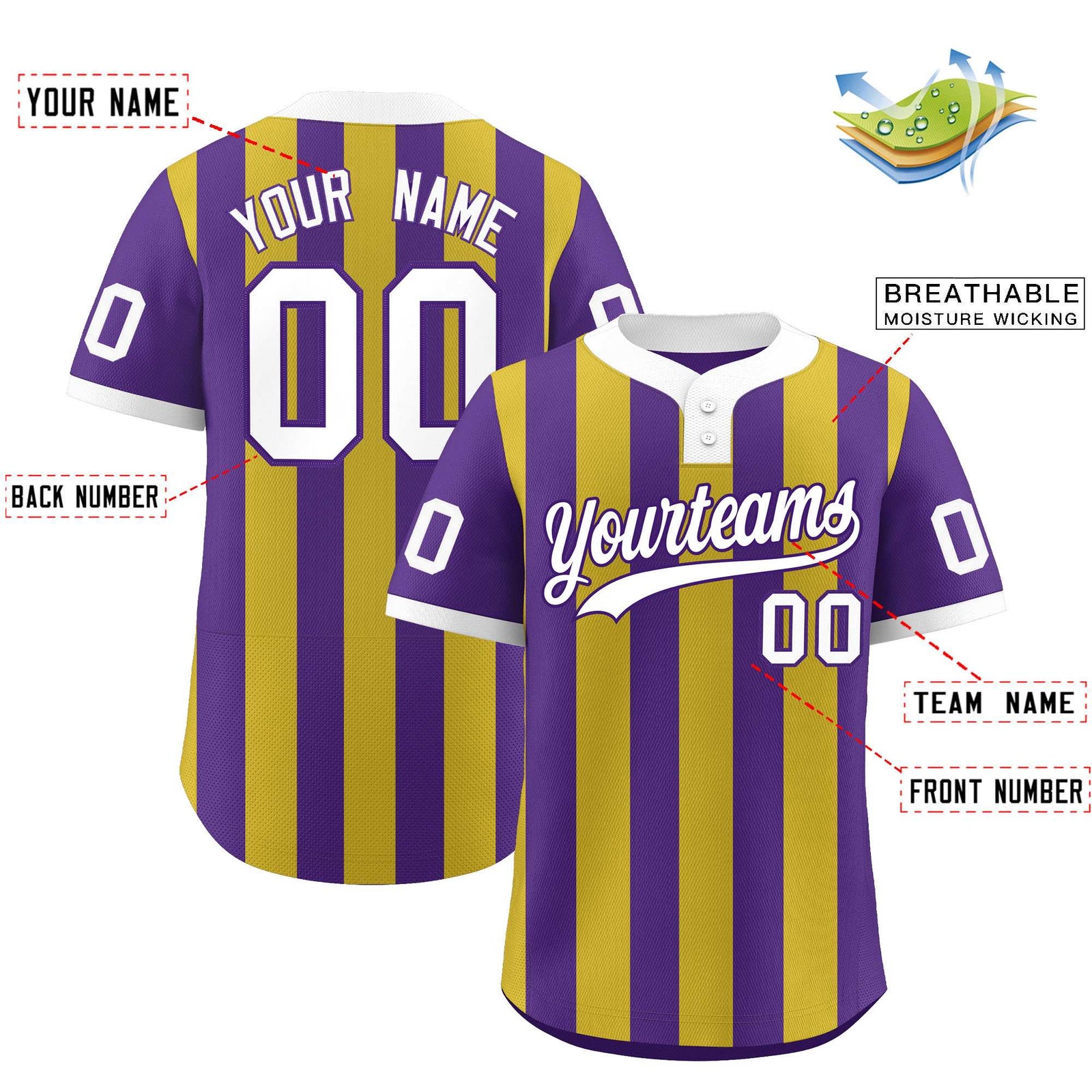 Custom Purple Old Gold Stripe Fashion Authentic Two-Button Softball Jersey