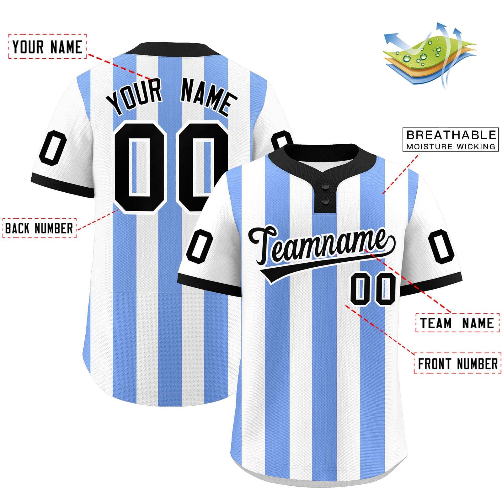 Custom White Light Blue Stripe Fashion Authentic Two-Button Softball Jersey