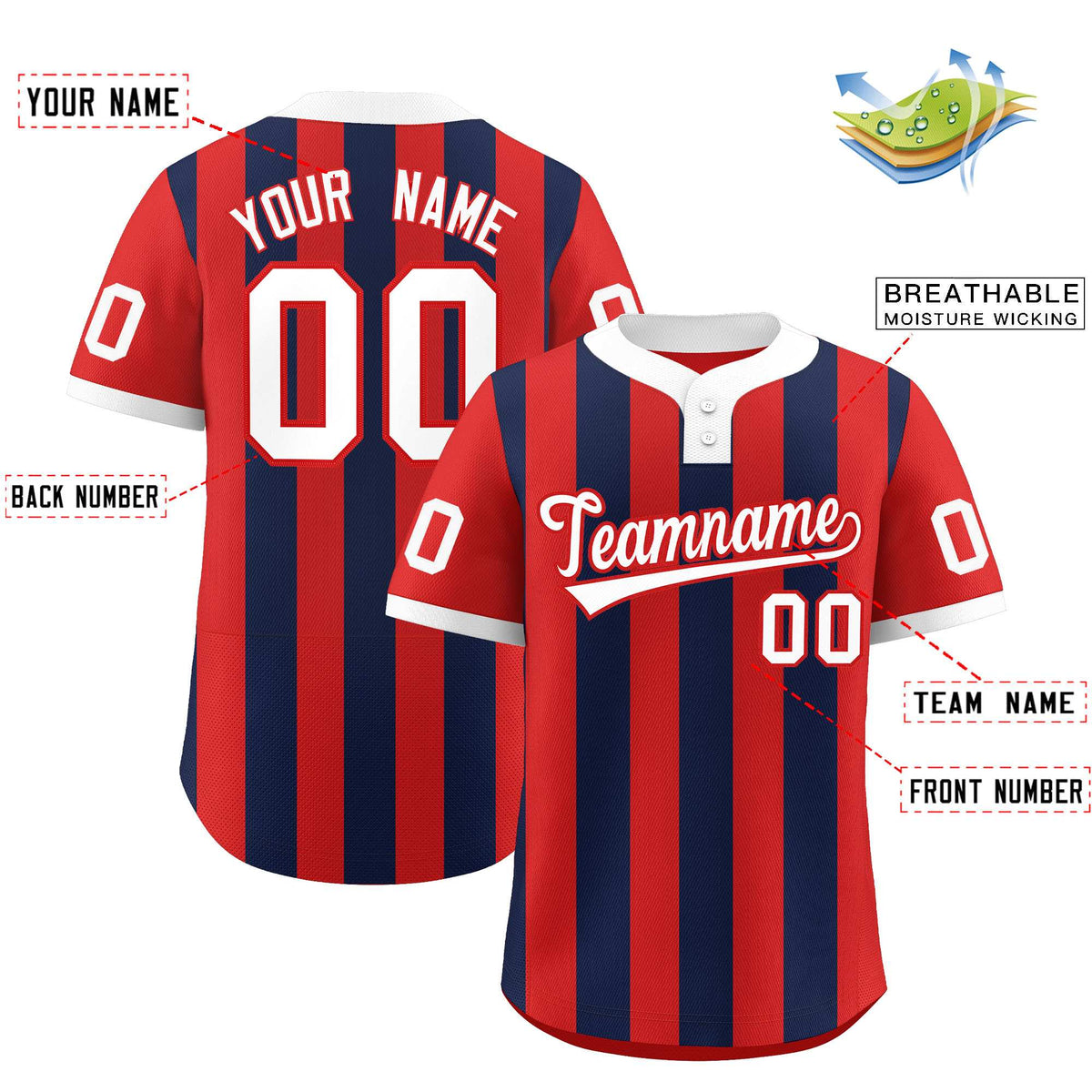 Custom Red Navy Stripe Fashion Authentic Two-Button Softball Jersey