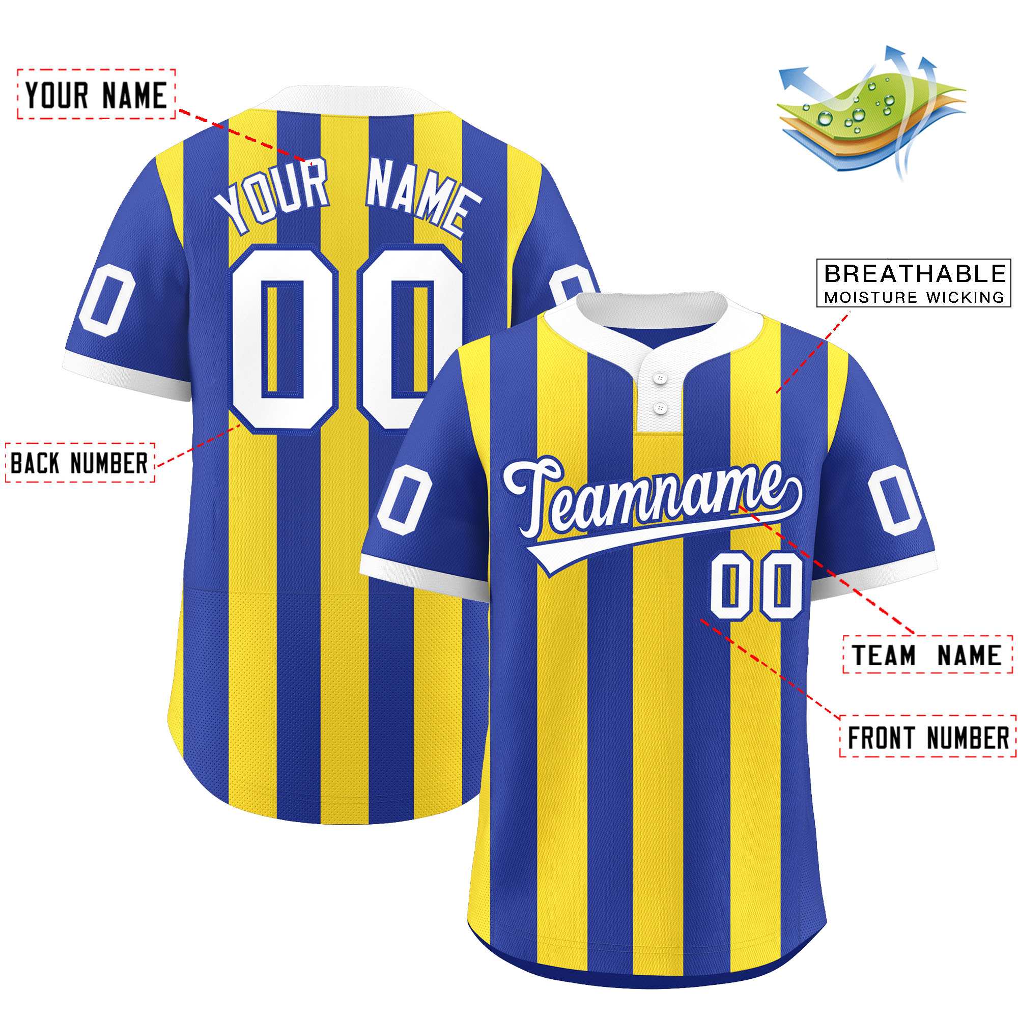 Custom Royal Gold Stripe Fashion Authentic Two-Button Softball Jersey