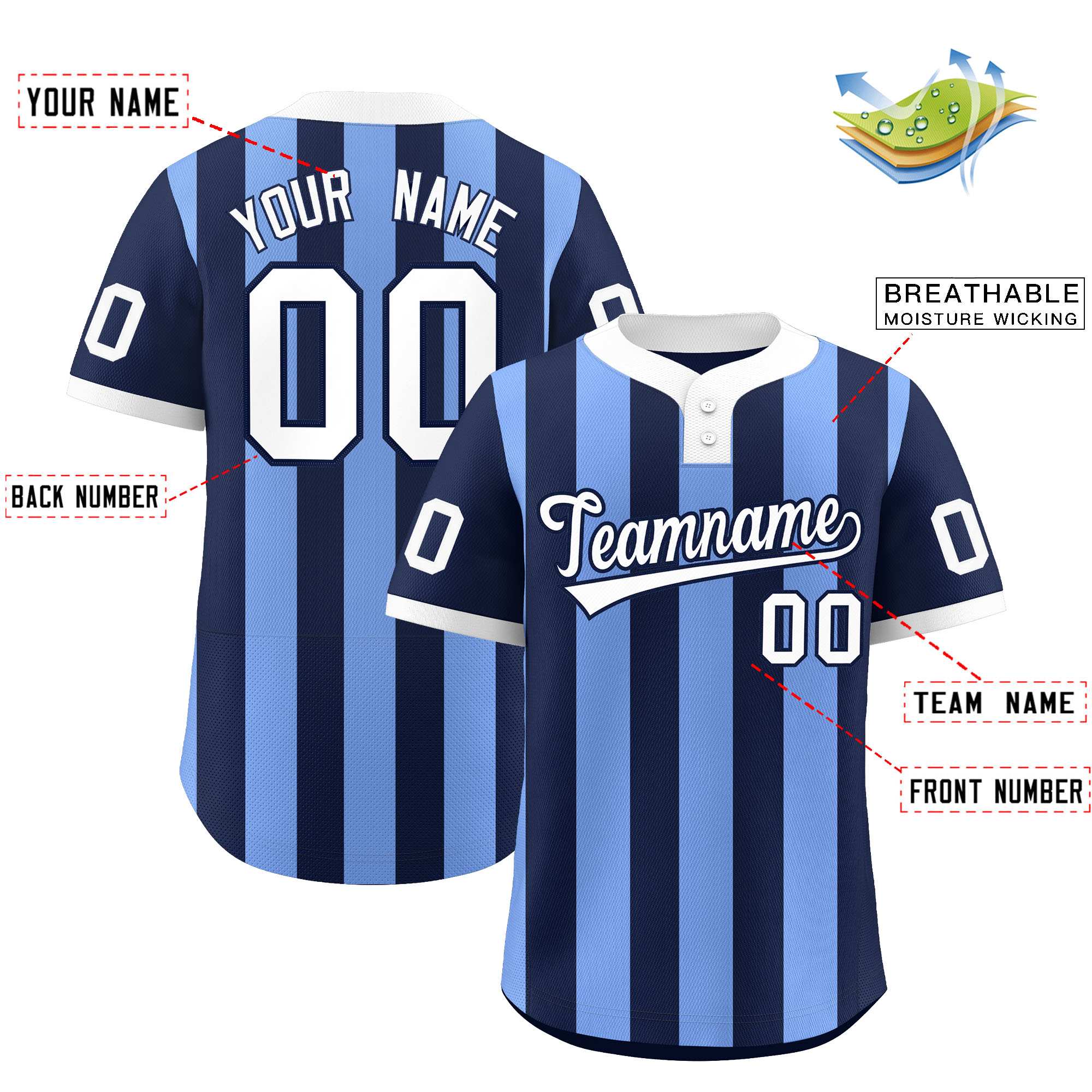 Custom Navy Light Blue Stripe Fashion Authentic Two-Button Softball Jersey