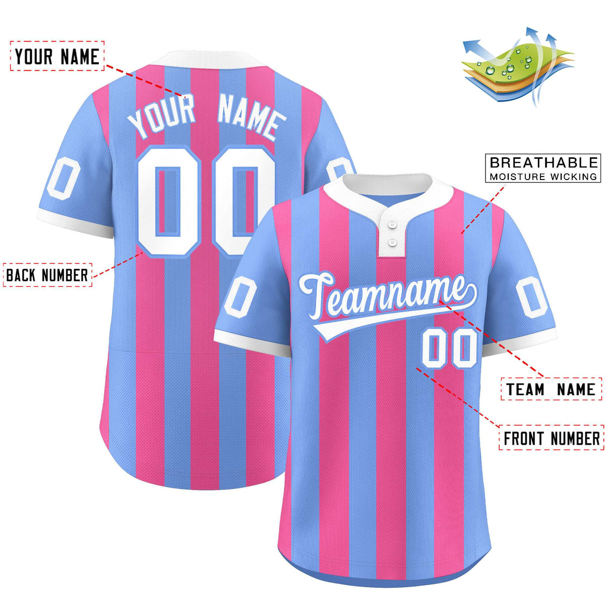 Custom Light Blue Pink Stripe Fashion Authentic Two-Button Softball Jersey