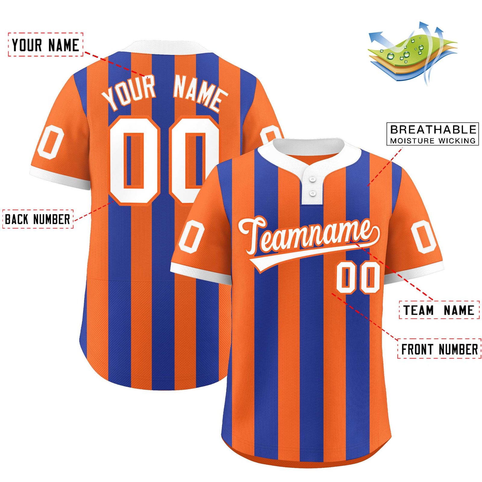 Custom Orange Royal Stripe Fashion Authentic Two-Button Softball Jersey