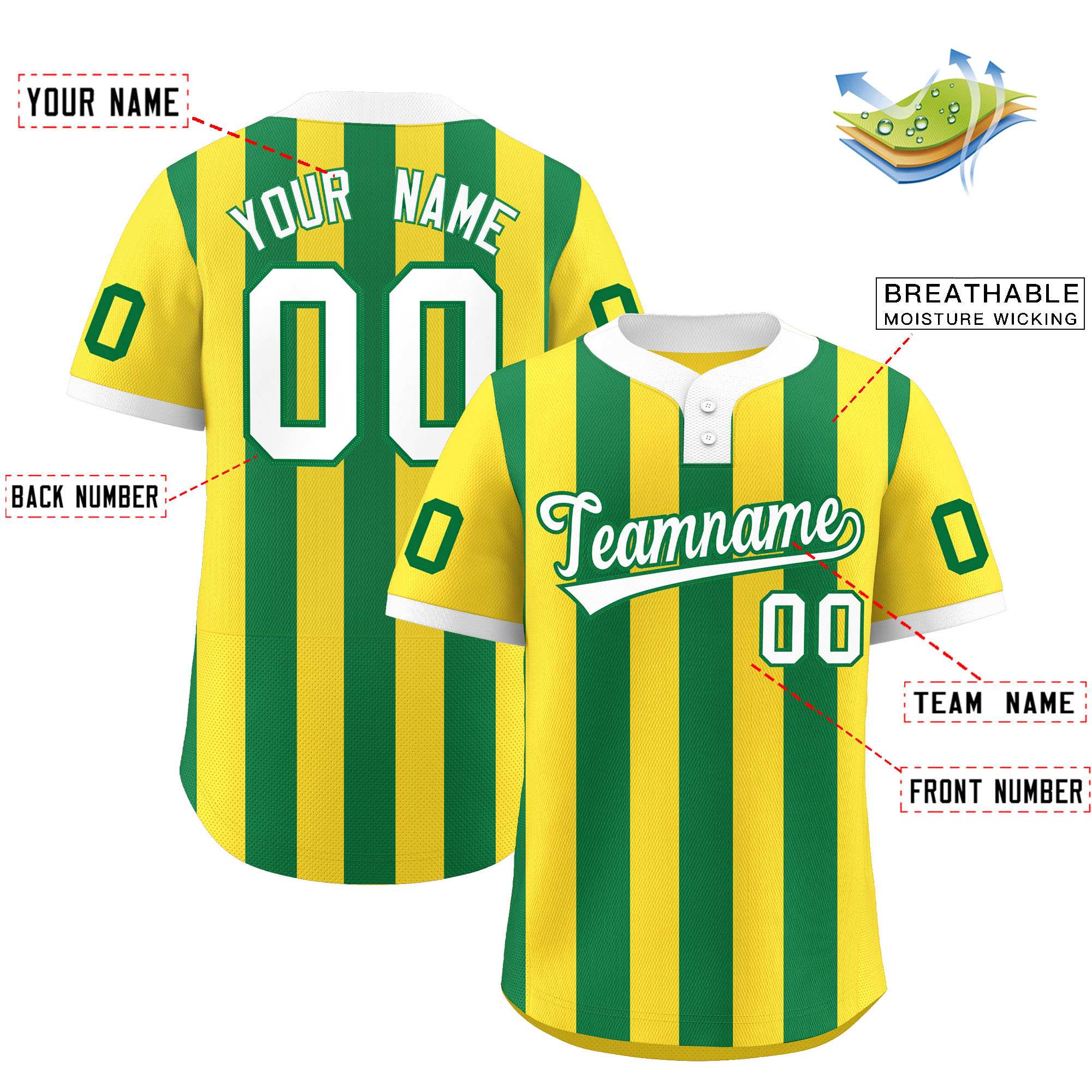 Custom Gold Kelly Green Stripe Fashion Authentic Two-Button Softball Jersey