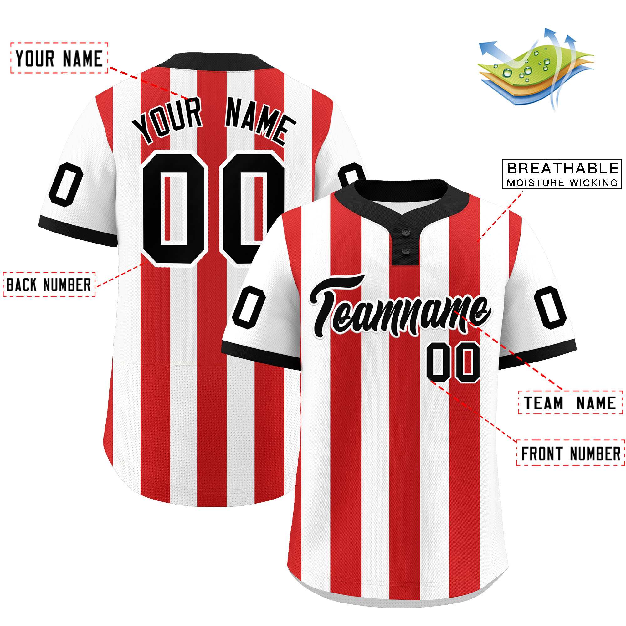 Custom White Red Stripe Fashion Authentic Two-Button Softball Jersey