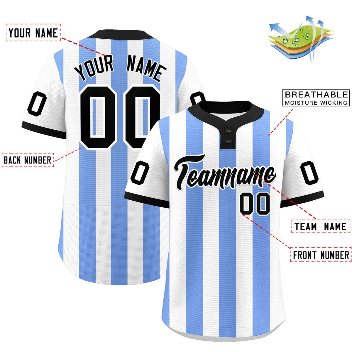Custom White Light Blue Stripe Fashion Authentic Two-Button Softball Jersey