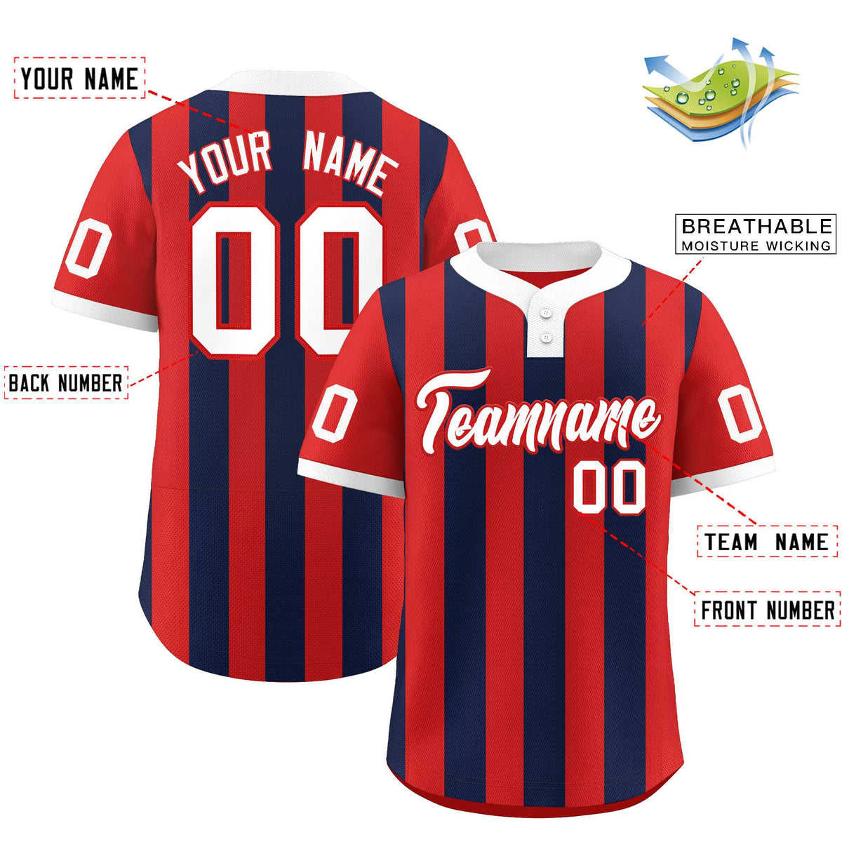 Custom Red Navy Stripe Fashion Authentic Two-Button Softball Jersey