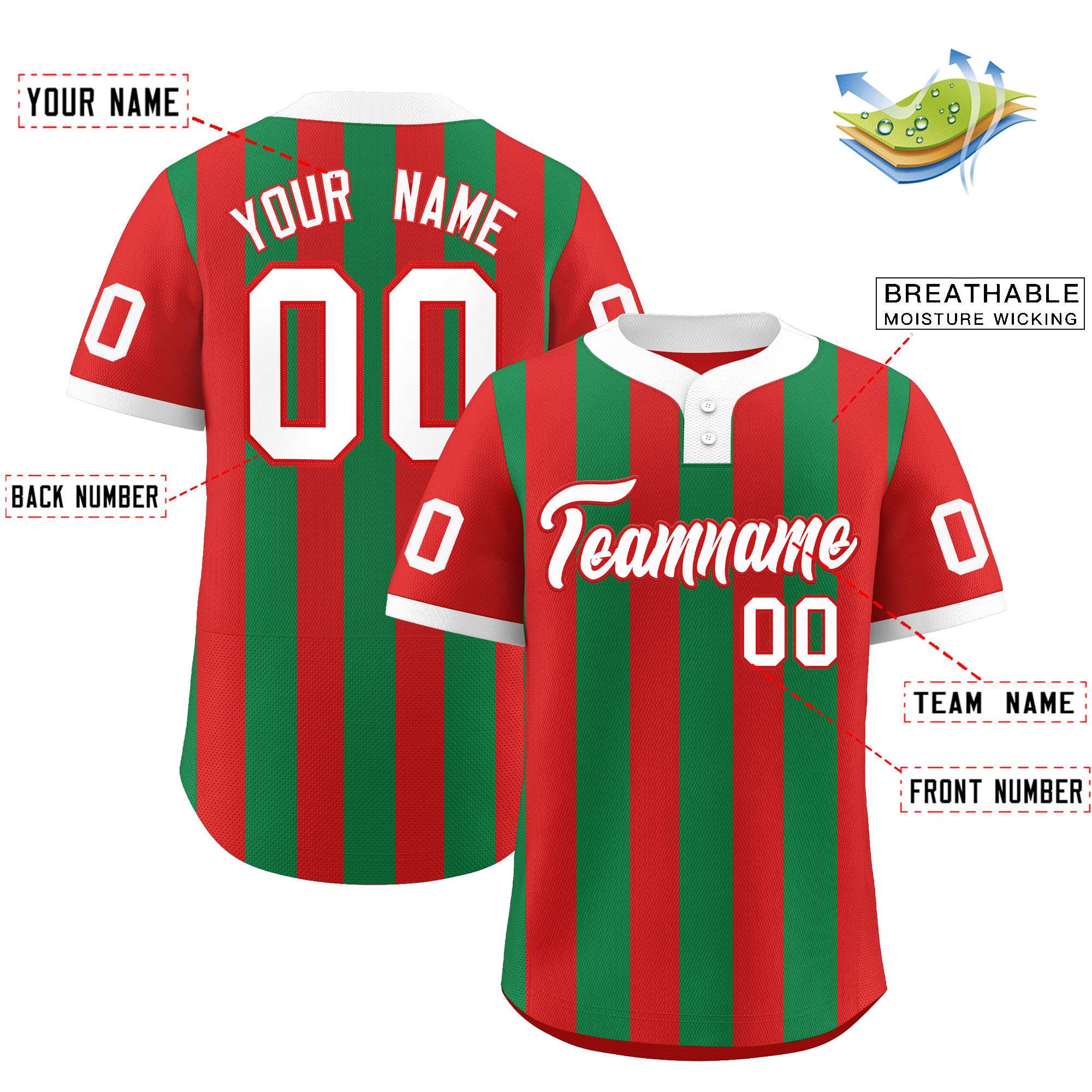 Custom Red Kelly Green Stripe Fashion Authentic Two-Button Softball Jersey