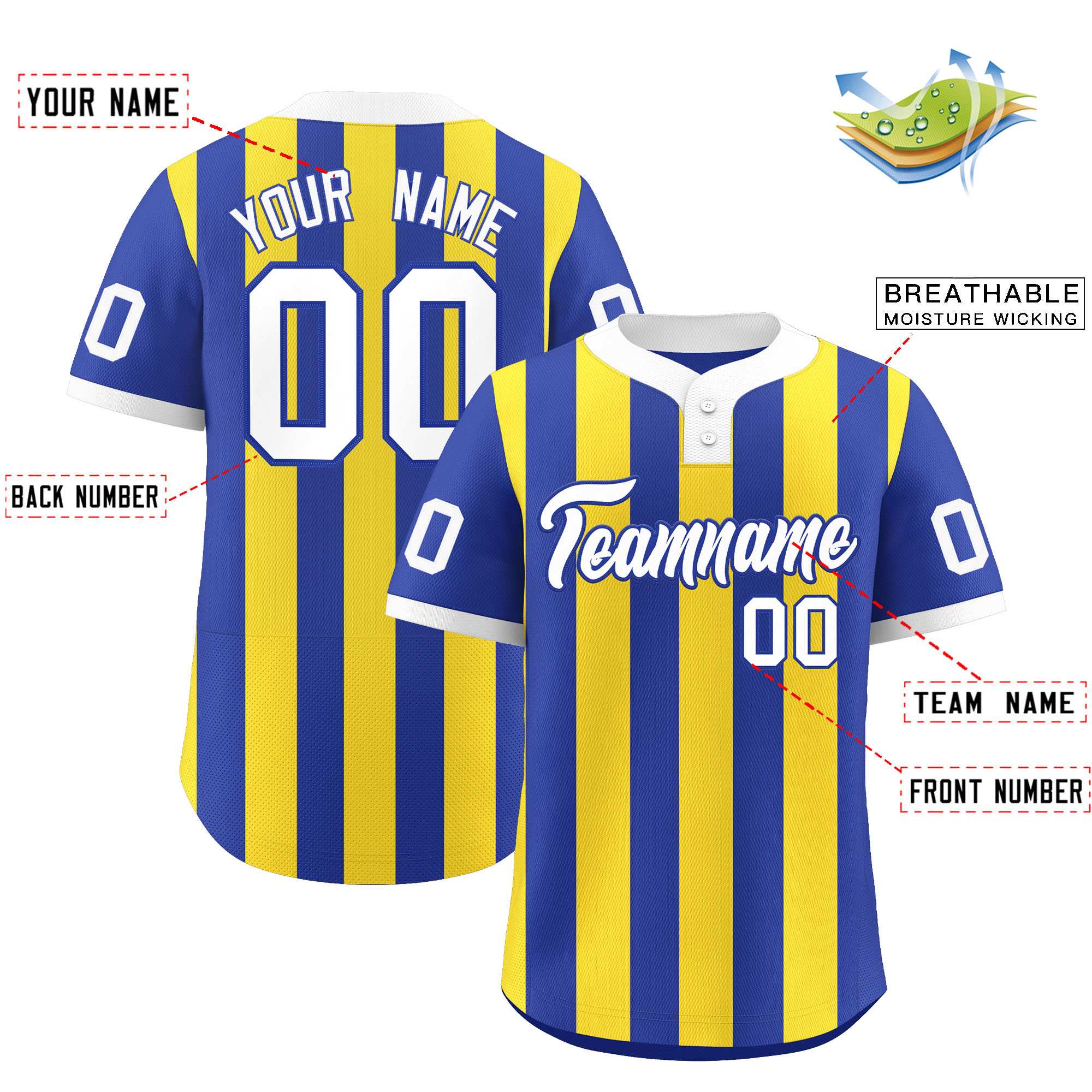 Custom Royal Gold Stripe Fashion Authentic Two-Button Softball Jersey