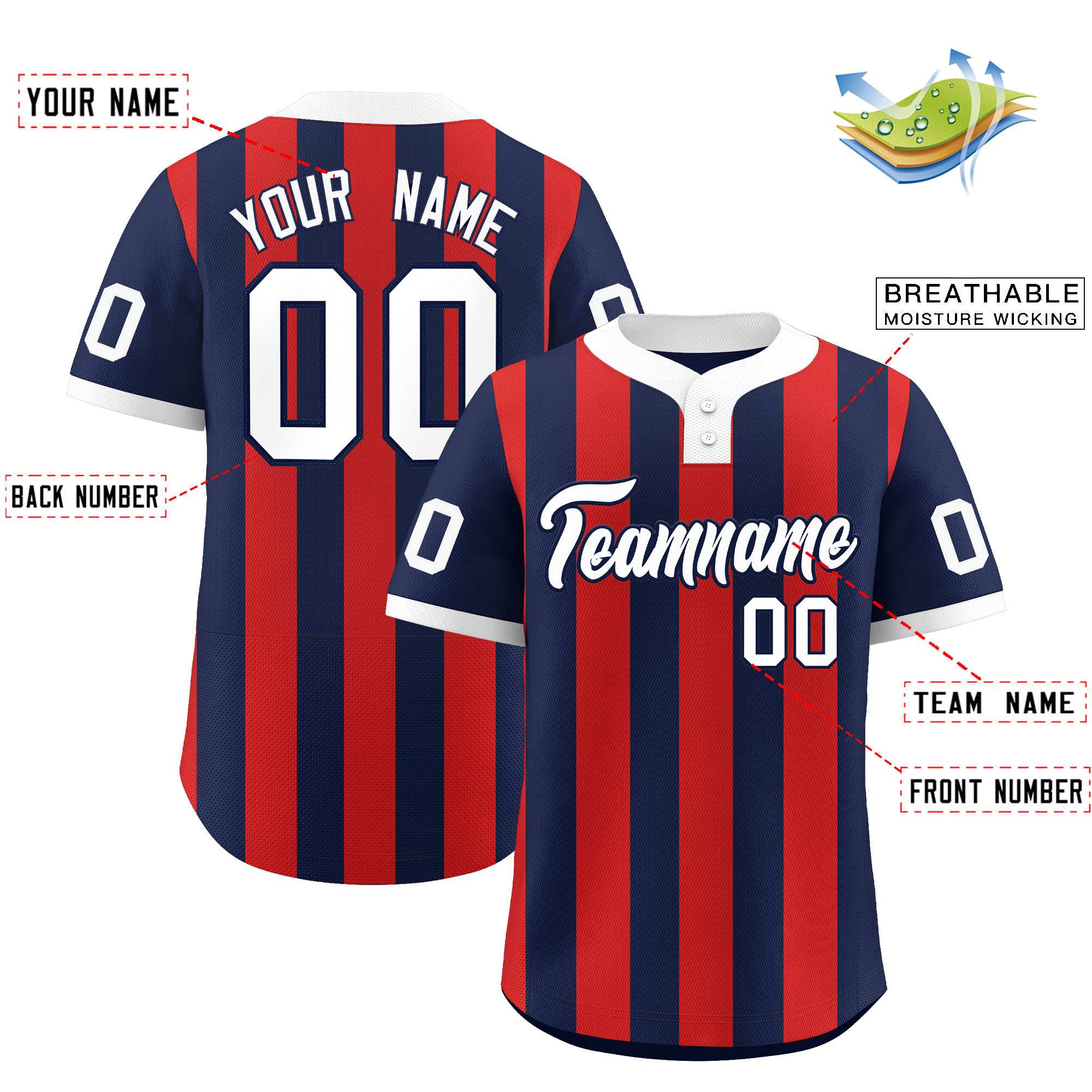 Custom Navy Red Stripe Fashion Authentic Two-Button Softball Jersey