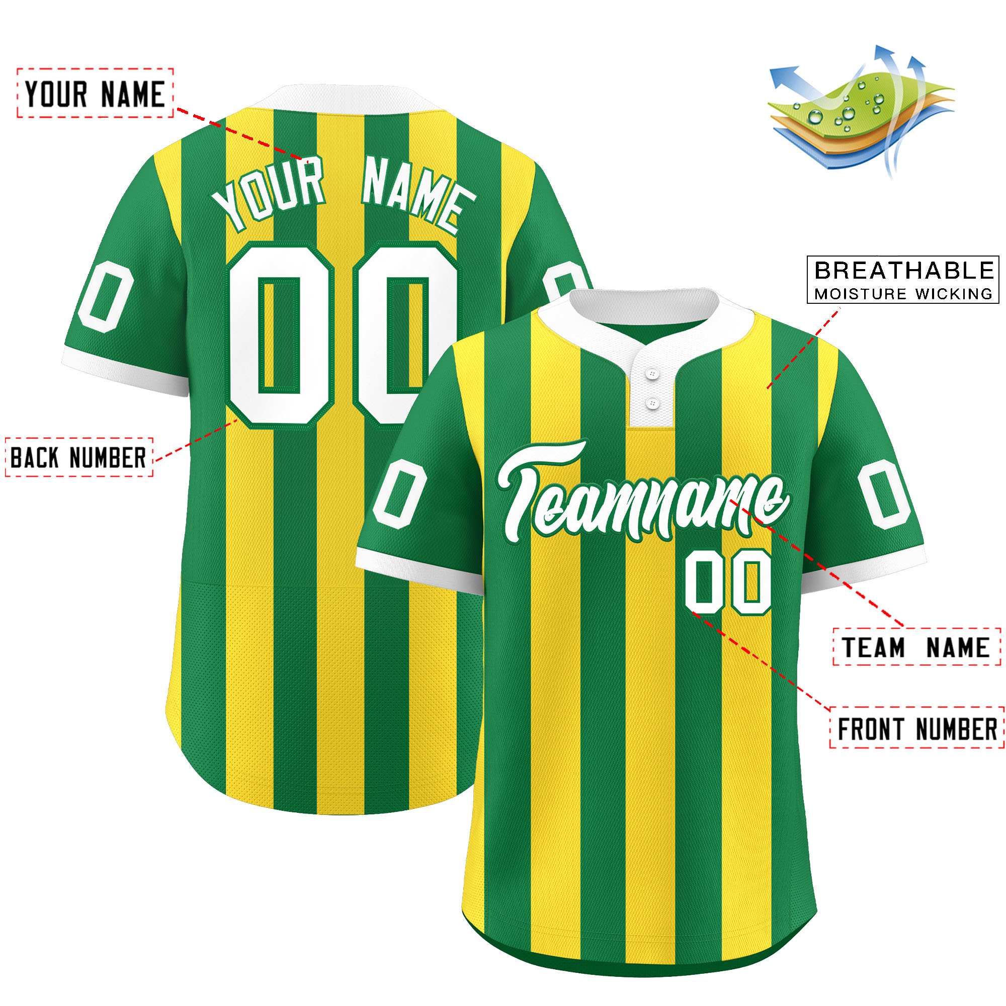 Custom Kelly Green Gold Stripe Fashion Authentic Two-Button Softball Jersey