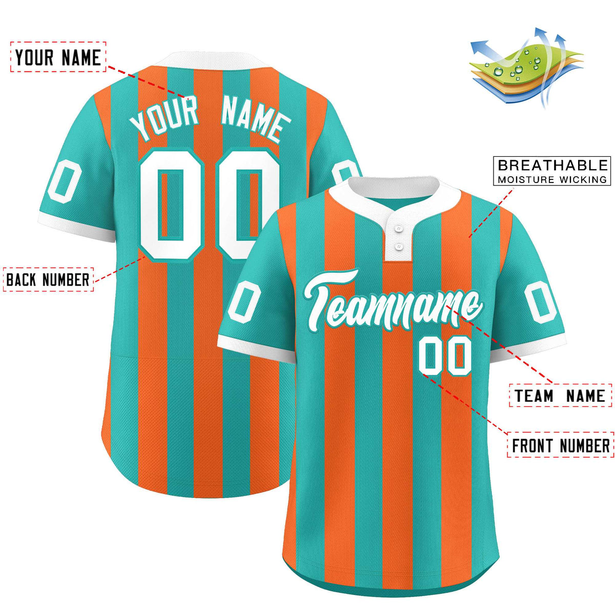 Custom Aqua Orange Stripe Fashion Authentic Two-Button Softball Jersey