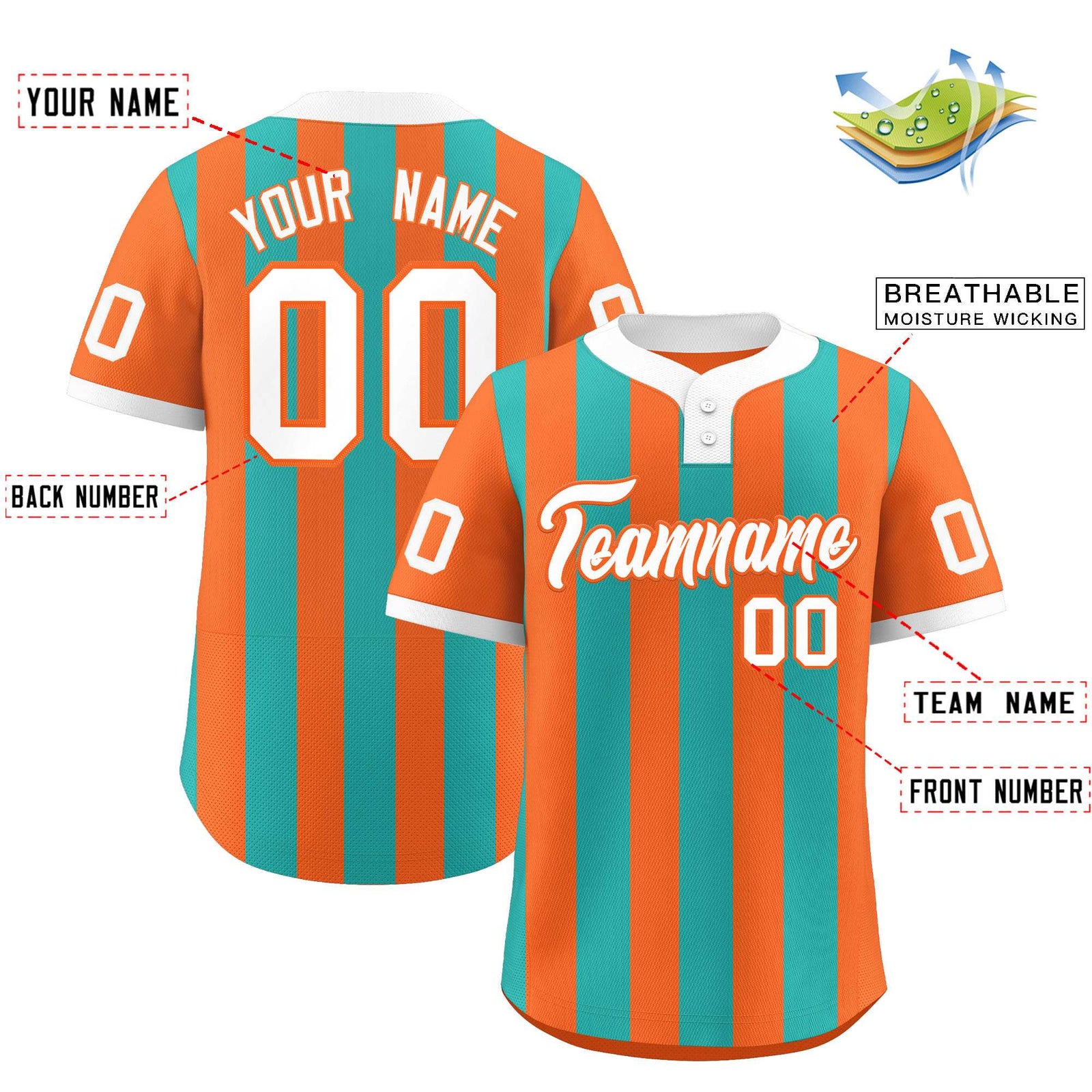 Custom Orange Aqua Stripe Fashion Authentic Two-Button Softball Jersey