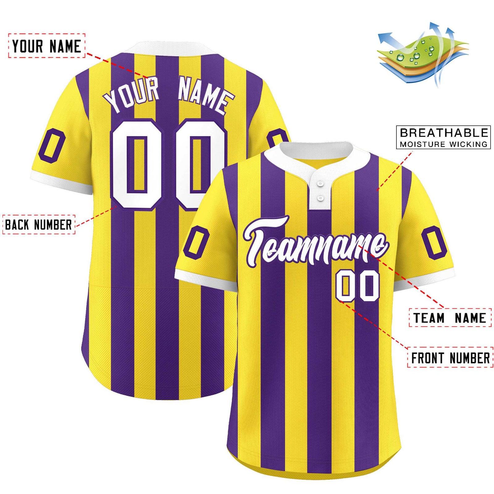 Custom Gold Purple Stripe Fashion Authentic Two-Button Softball Jersey