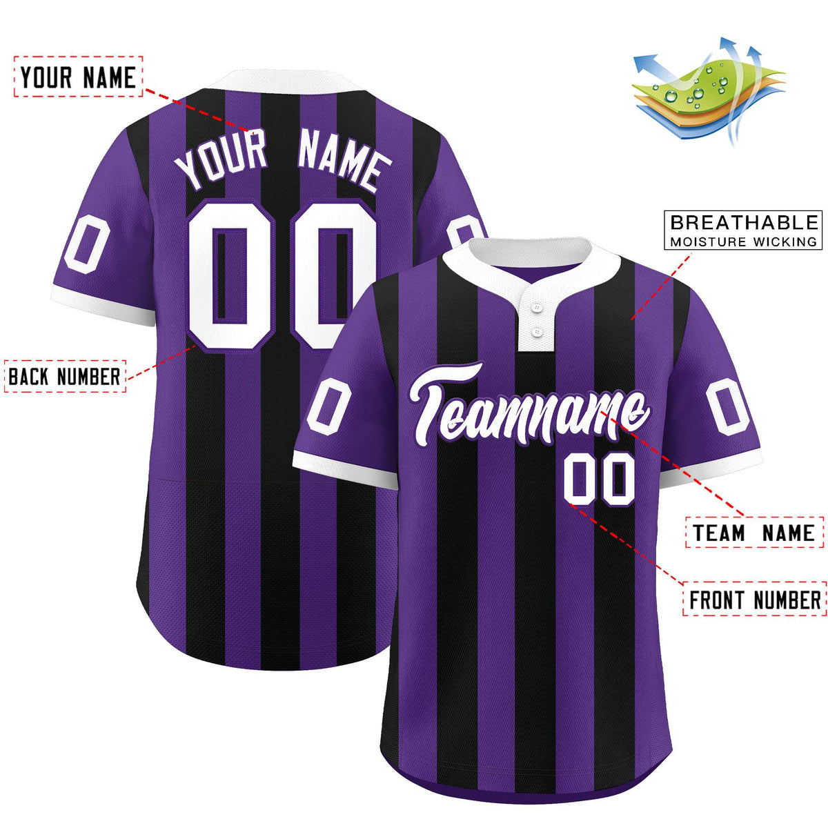 Custom Purple Black Stripe Fashion Authentic Two-Button Softball Jersey
