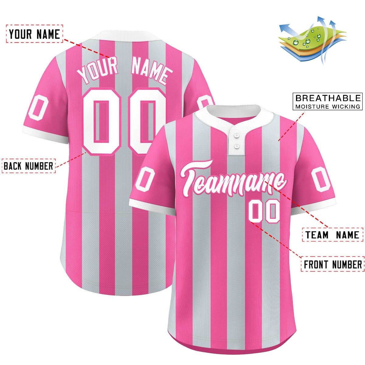 Custom Silver Pink Stripe Fashion Authentic Two-Button Softball Jersey
