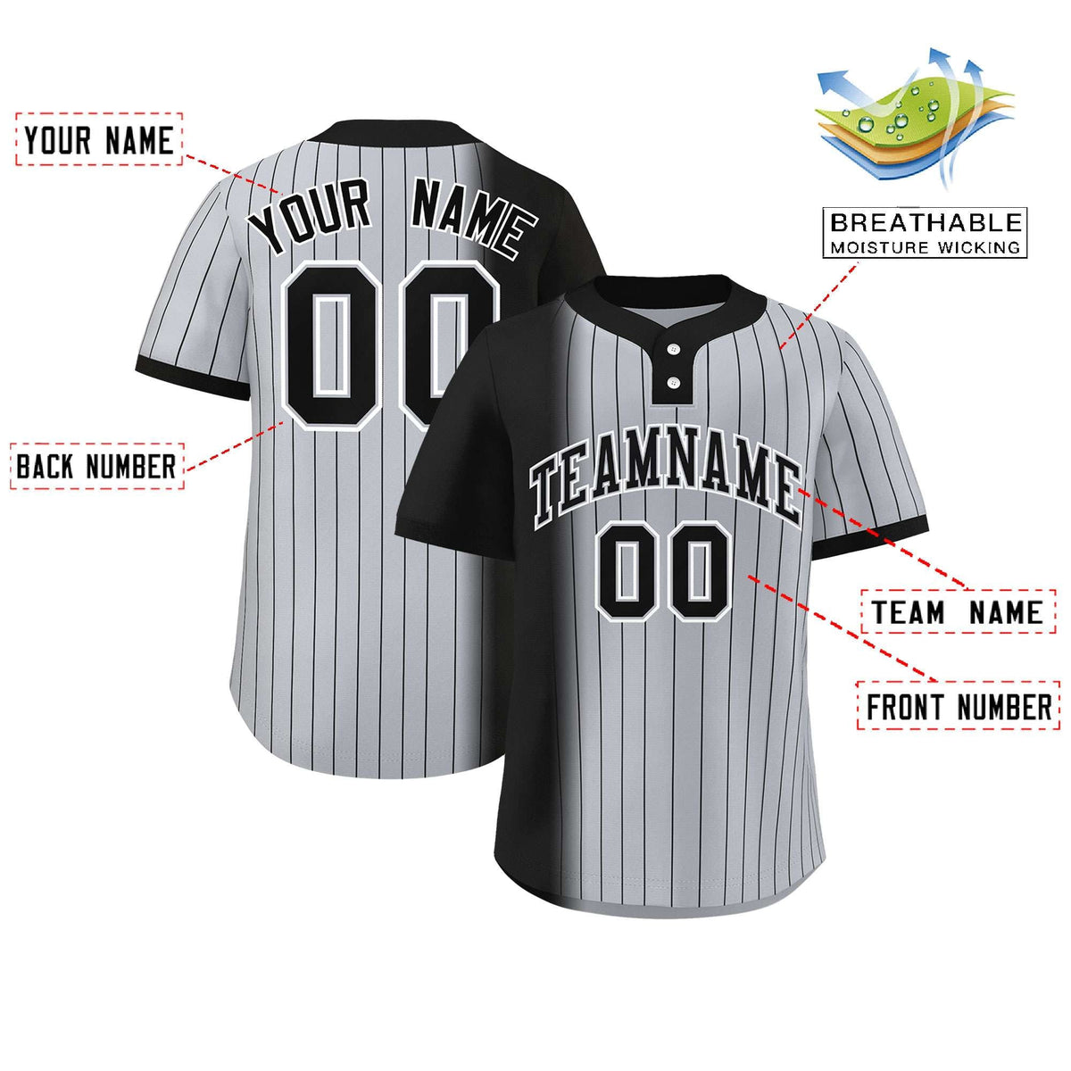 Custom Black Gray Gradient Stripe Fashion Authentic Two-Button Softball Jersey