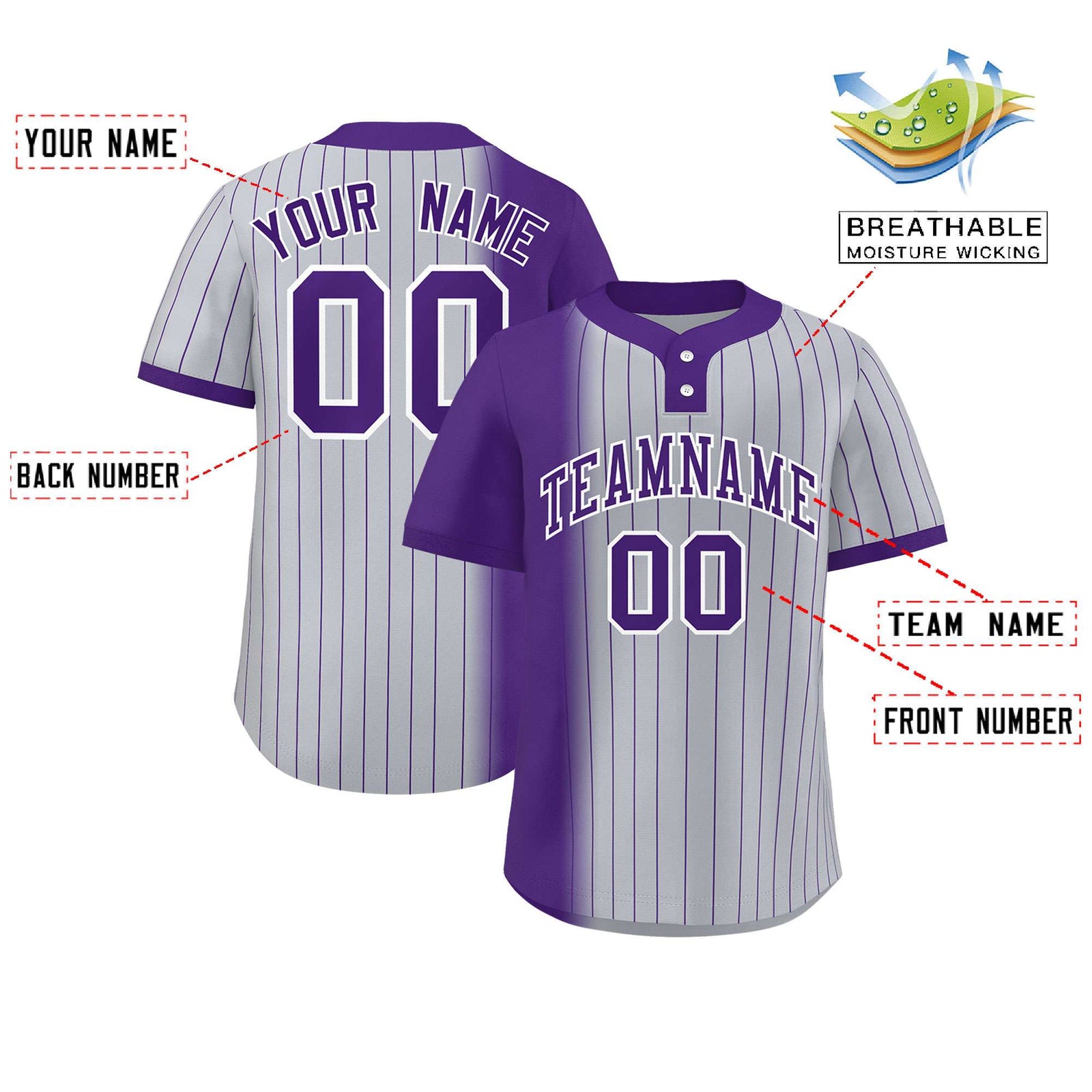 Custom Purple Gray Gradient Stripe Fashion Authentic Two-Button Softball Jersey