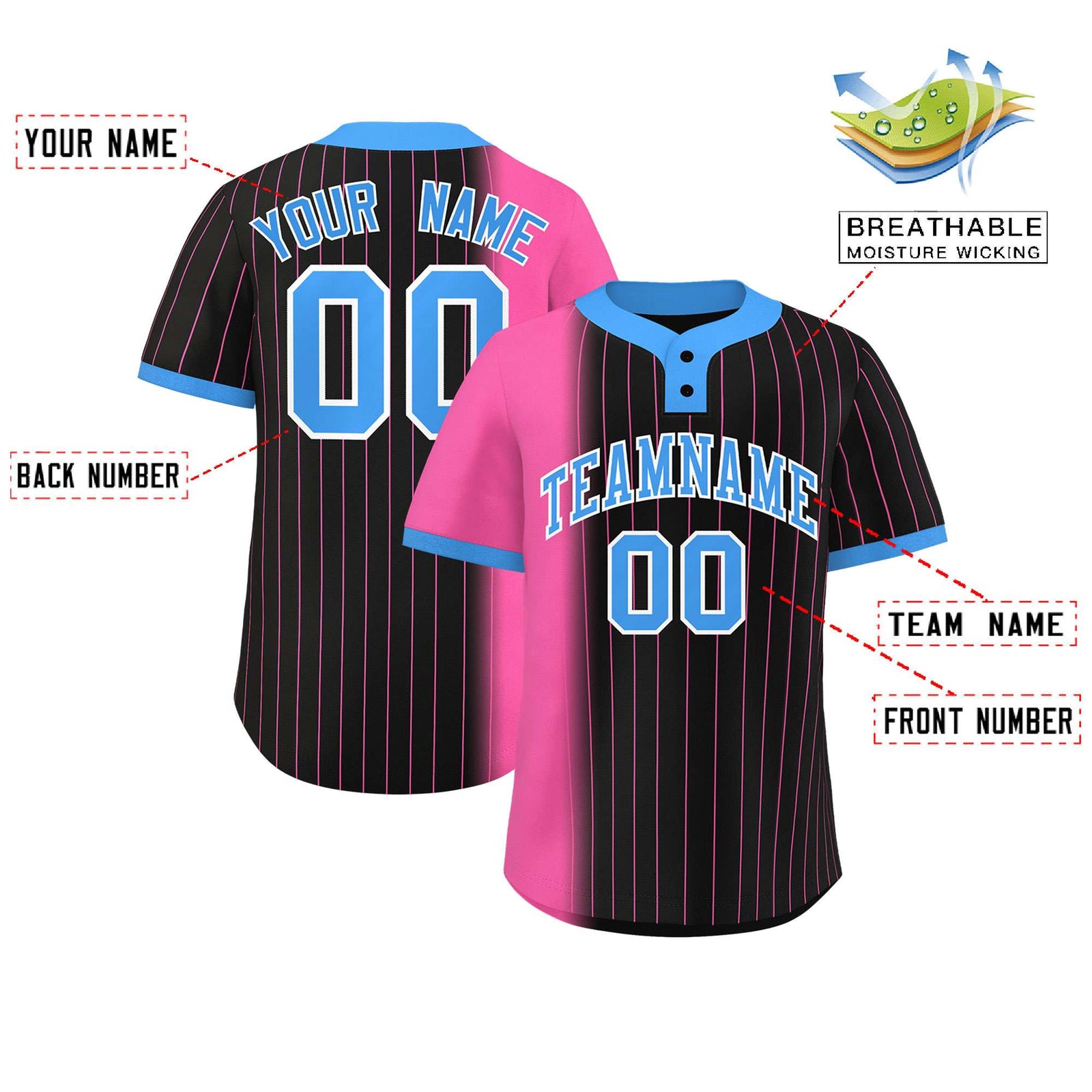 Custom Pink Black-Powder Blue Gradient Stripe Fashion Authentic Two-Button Softball Jersey