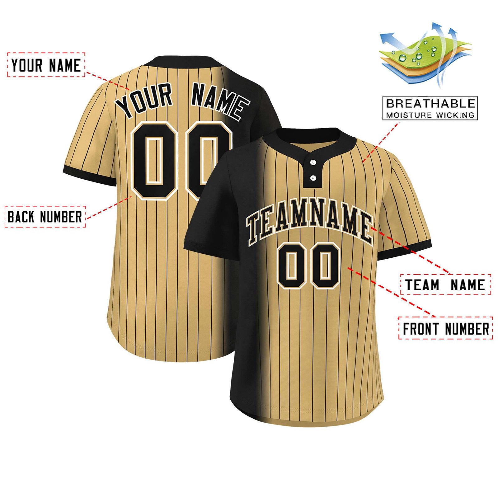 Custom Black Old Gold Gradient Stripe Fashion Authentic Two-Button Softball Jersey