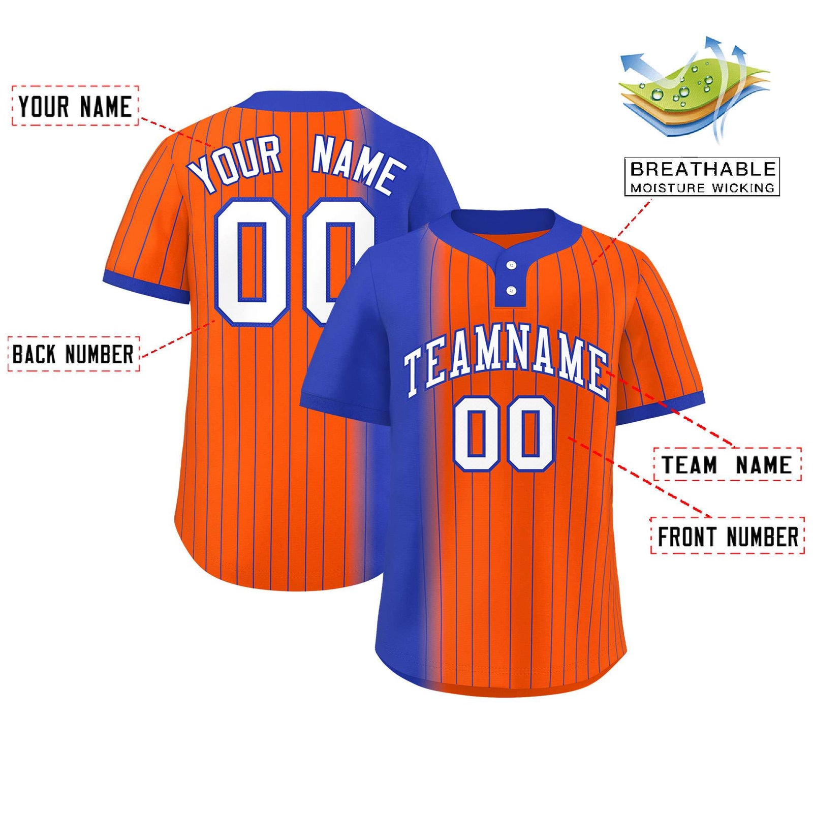 Custom Royal Orange Gradient Stripe Fashion Authentic Two-Button Softball Jersey