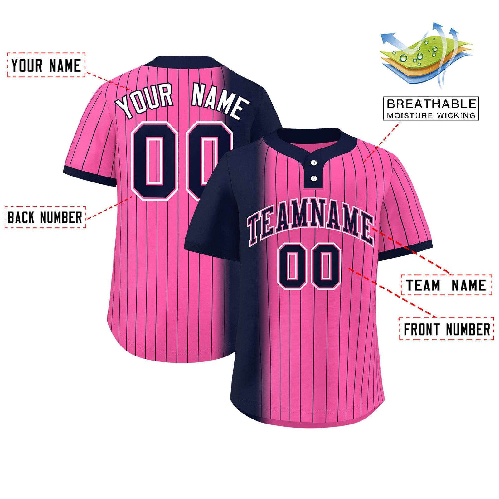 Custom Navy Pink Gradient Stripe Fashion Authentic Two-Button Softball Jersey