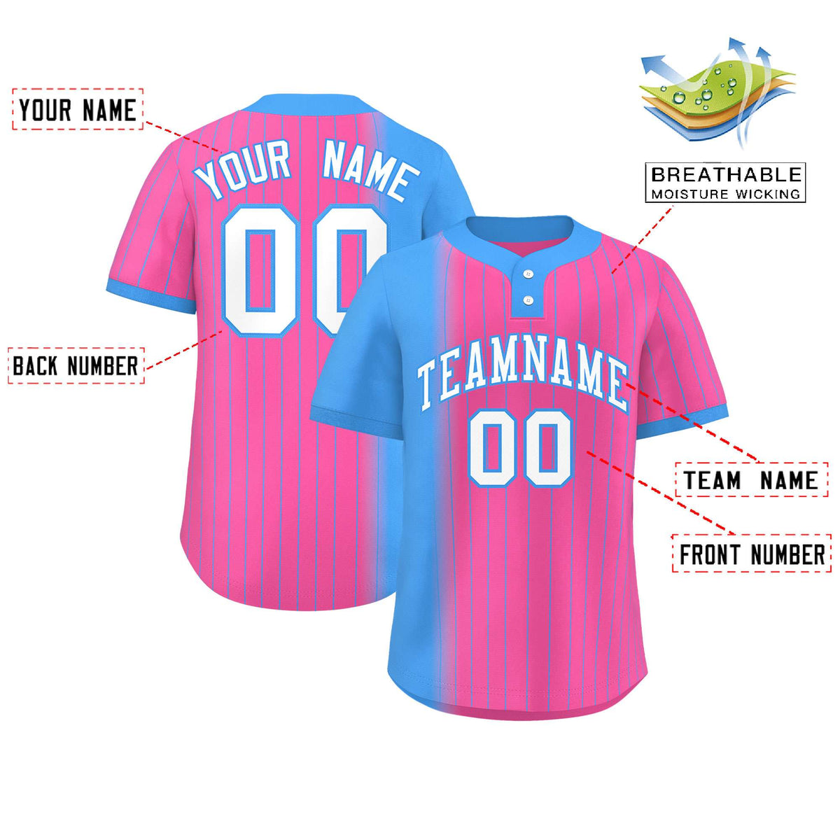 Custom Powder Blue Pink Gradient Stripe Fashion Authentic Two-Button Softball Jersey