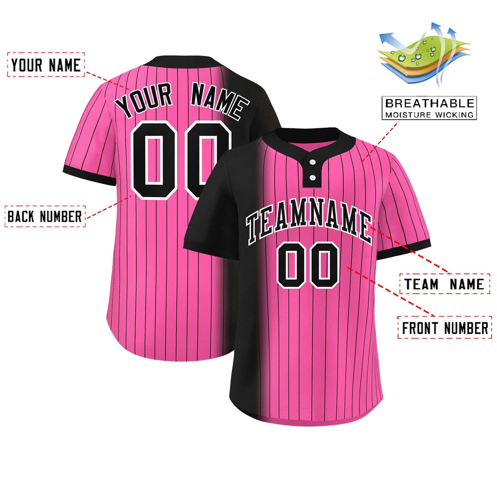 Custom Black Pink Gradient Stripe Fashion Authentic Two-Button Softball Jersey
