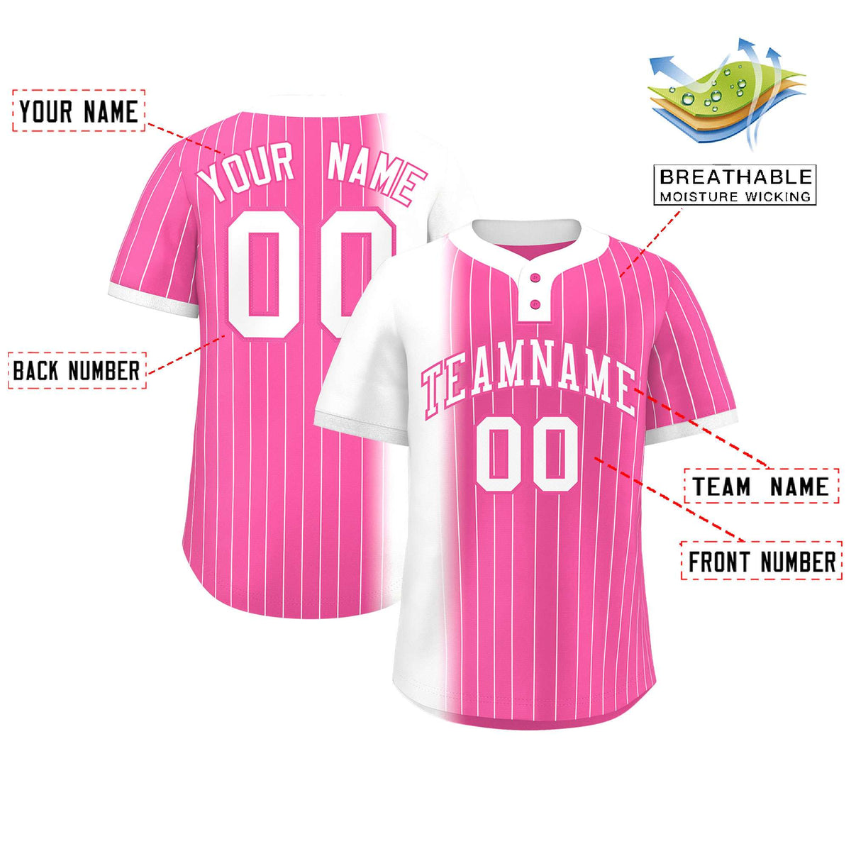 Custom White Pink Gradient Stripe Fashion Authentic Two-Button Softball Jersey