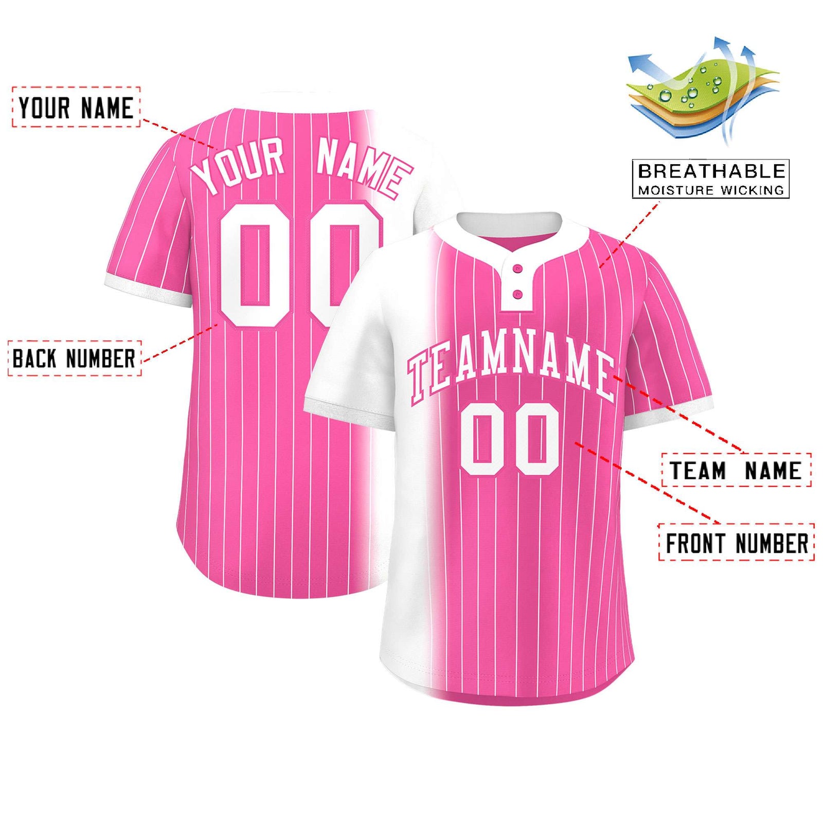 Custom White Pink Gradient Stripe Fashion Authentic Two-Button Softball Jersey