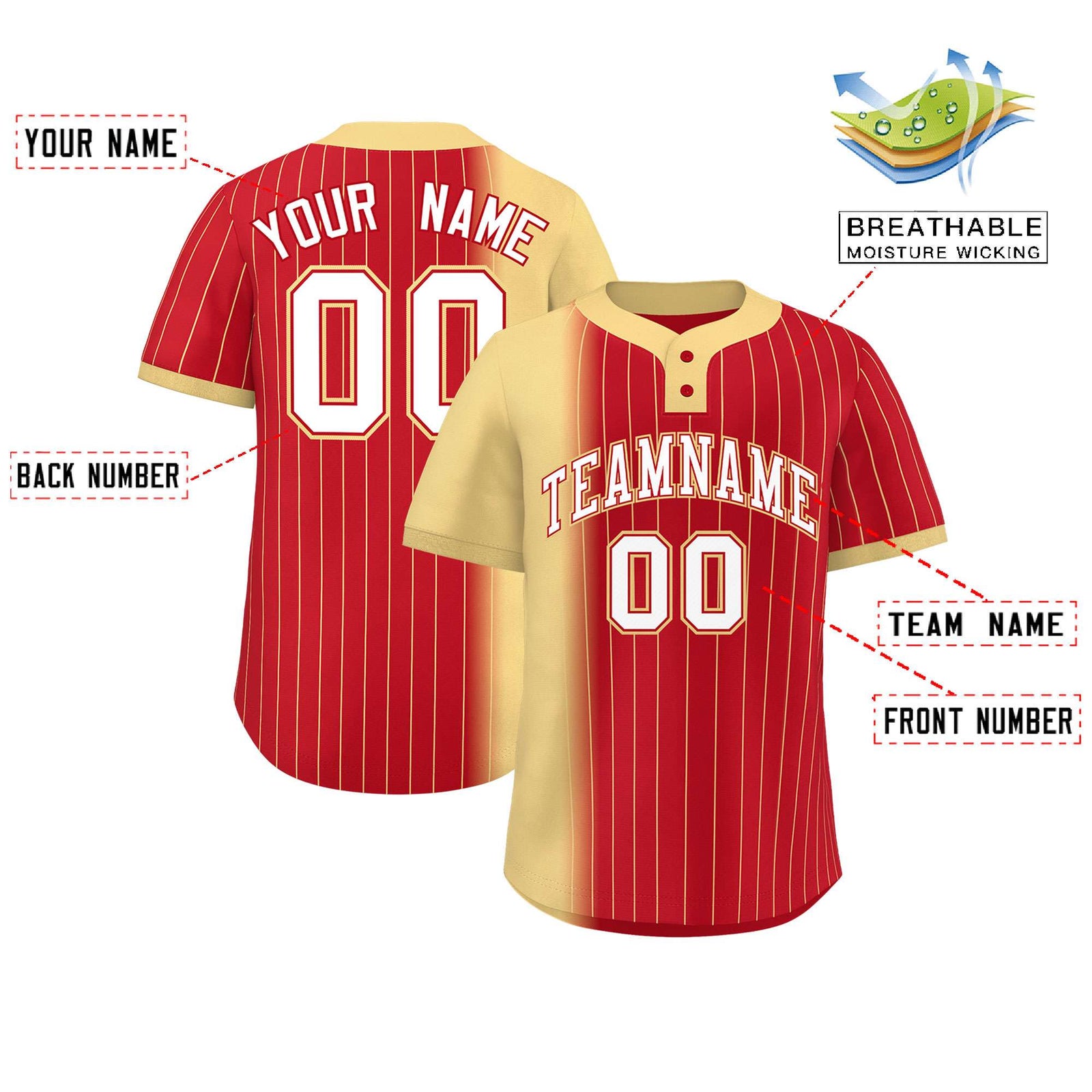 Custom Khaki Red Gradient Stripe Fashion Authentic Two-Button Softball Jersey