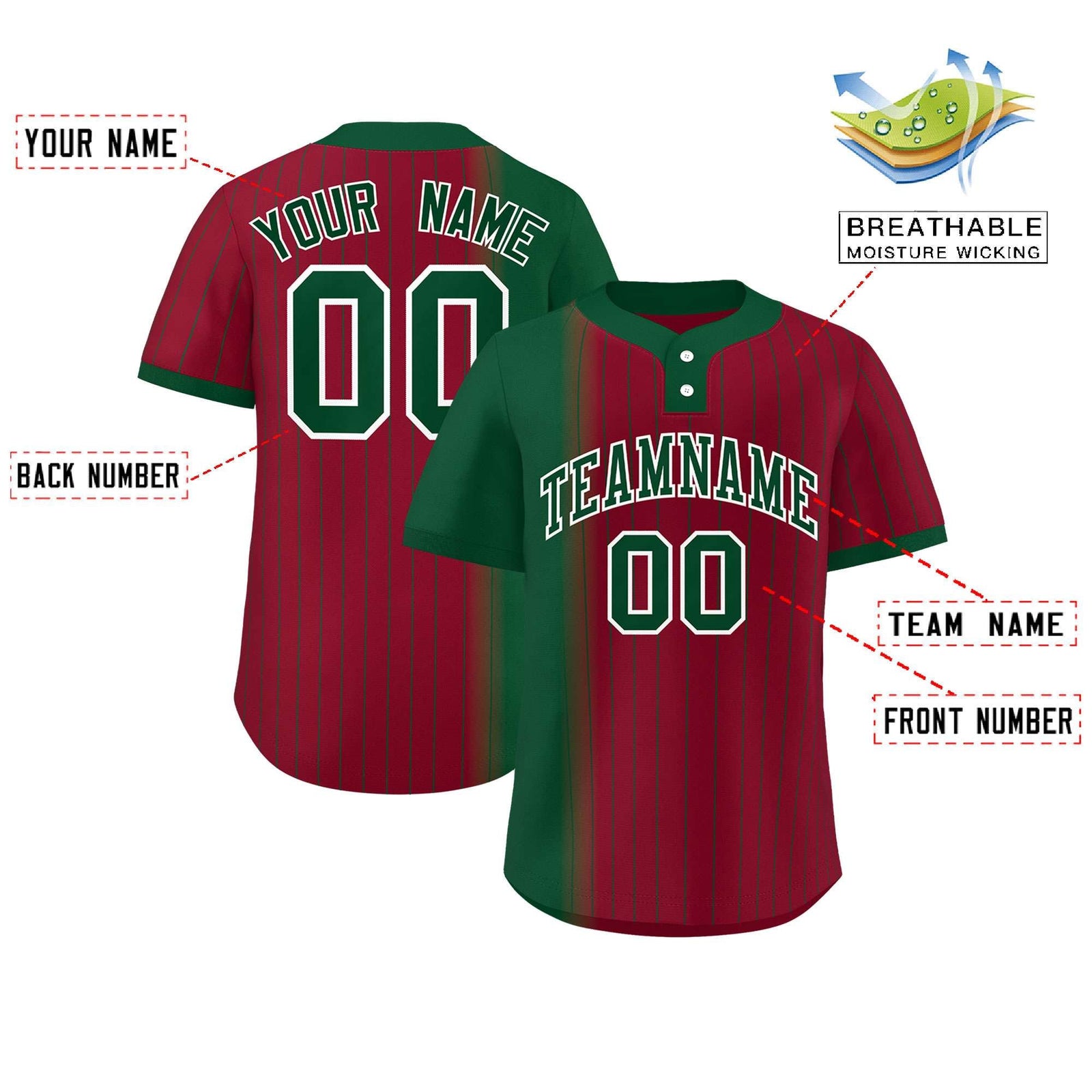 Custom Green Crimson Gradient Stripe Fashion Authentic Two-Button Softball Jersey