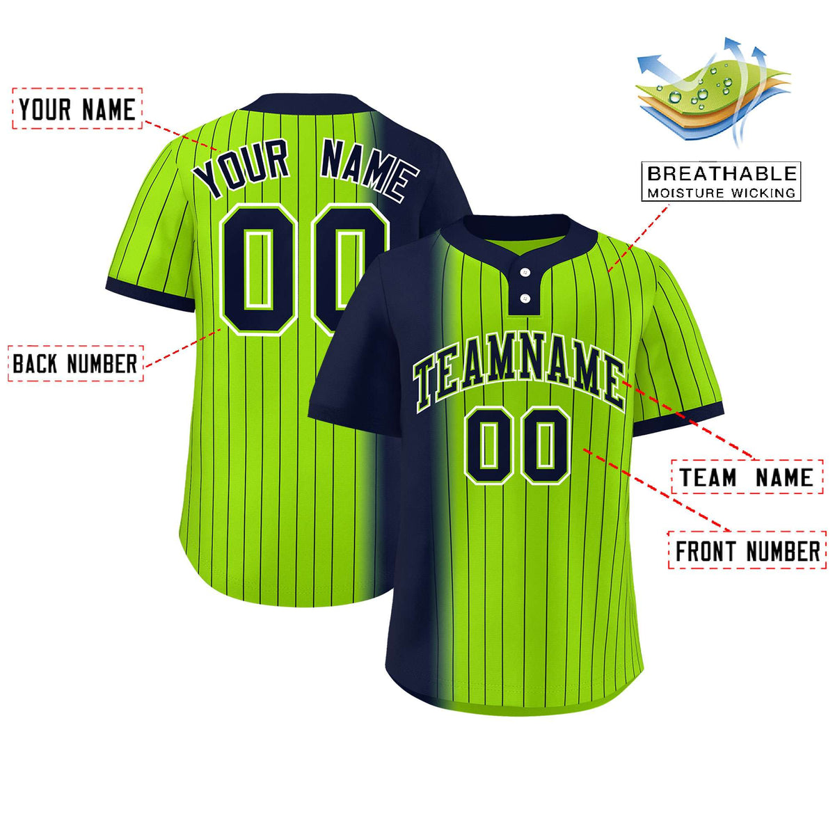 Custom Navy Neon Green Gradient Stripe Fashion Authentic Two-Button Softball Jersey