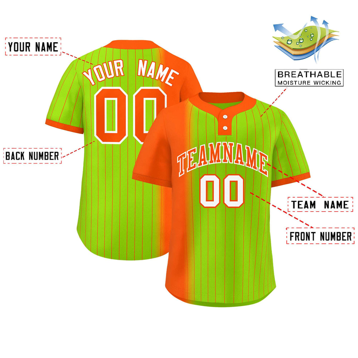 Custom Orange Neon Green Gradient Stripe Fashion Authentic Two-Button Softball Jersey