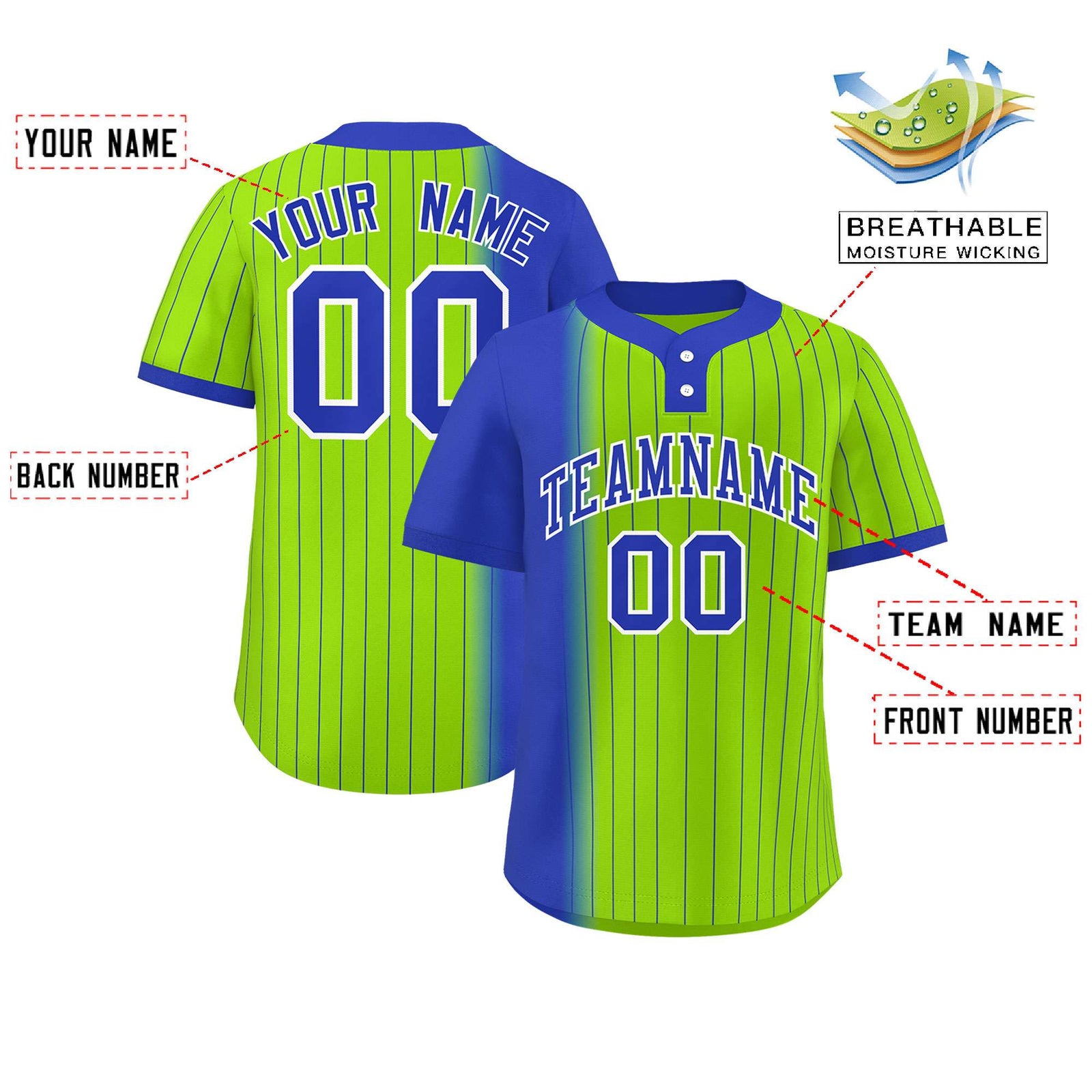 Custom Royal Neon Green Gradient Stripe Fashion Authentic Two-Button Softball Jersey