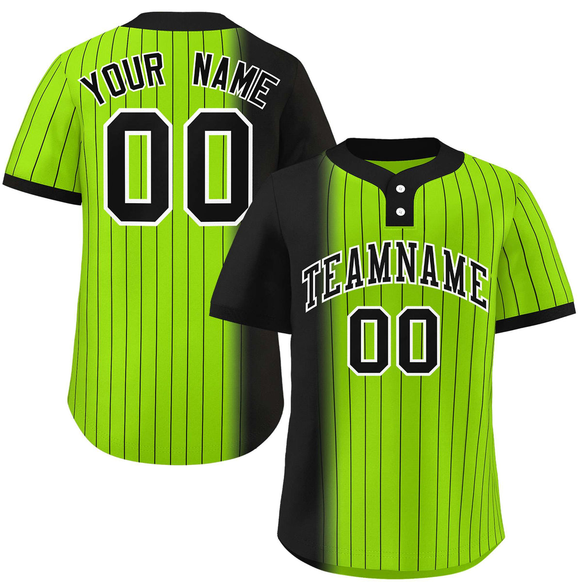 Custom Black Neon Green Gradient Stripe Fashion Authentic Two-Button Softball Jersey