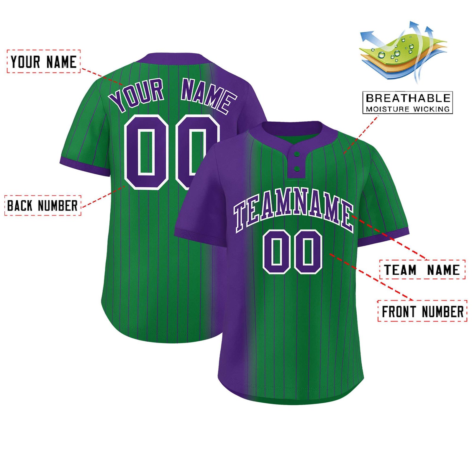 Custom Purple Kelly Green Gradient Stripe Fashion Authentic Two-Button Softball Jersey
