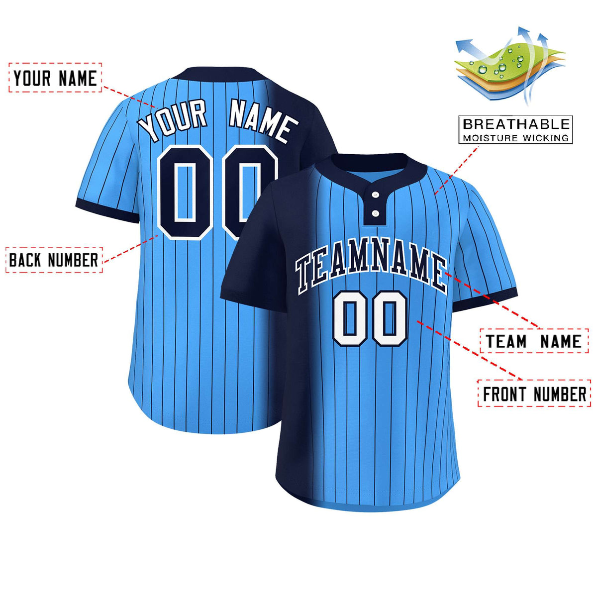 Custom Navy Powder Blue Gradient Stripe Fashion Authentic Two-Button Softball Jersey