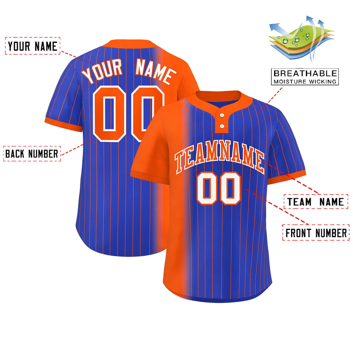 Custom Orange Royal Gradient Stripe Fashion Authentic Two-Button Softball Jersey
